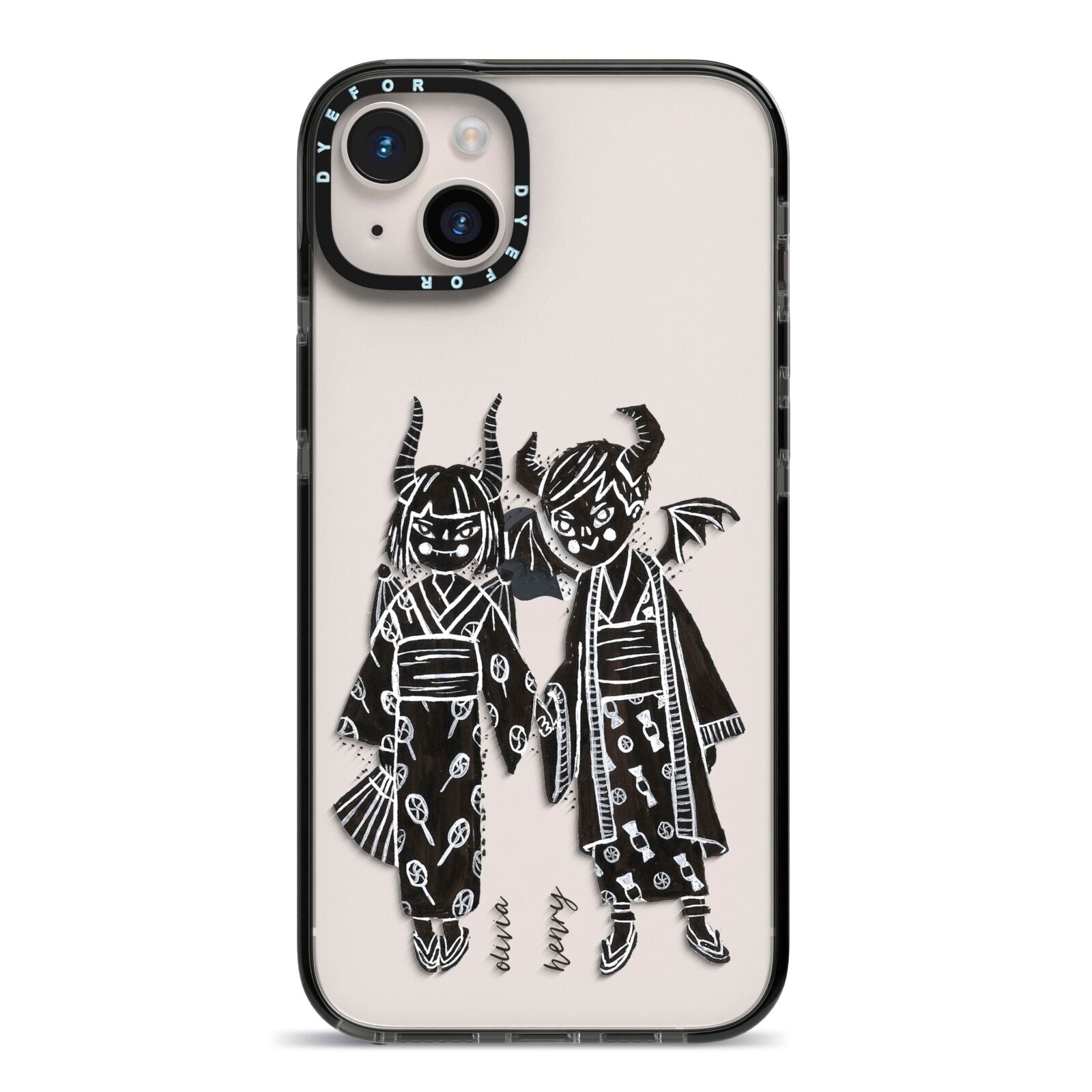 Kimono Devils iPhone 14 Plus Black Impact Case on Silver phone