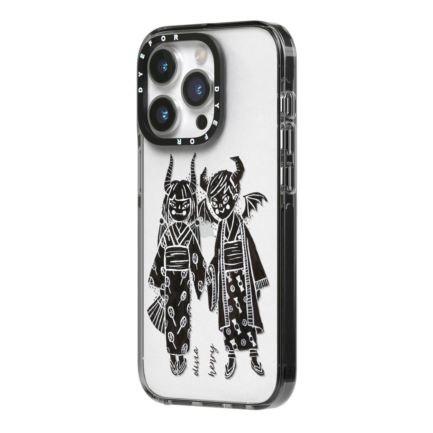 Kimono Devils iPhone 14 Pro Black Impact Case Side Angle on Silver phone