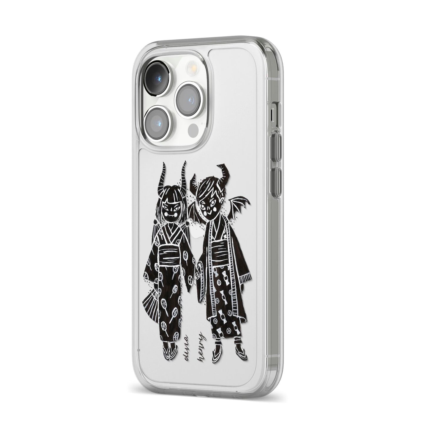 Kimono Devils iPhone 14 Pro Clear Tough Case Silver Angled Image