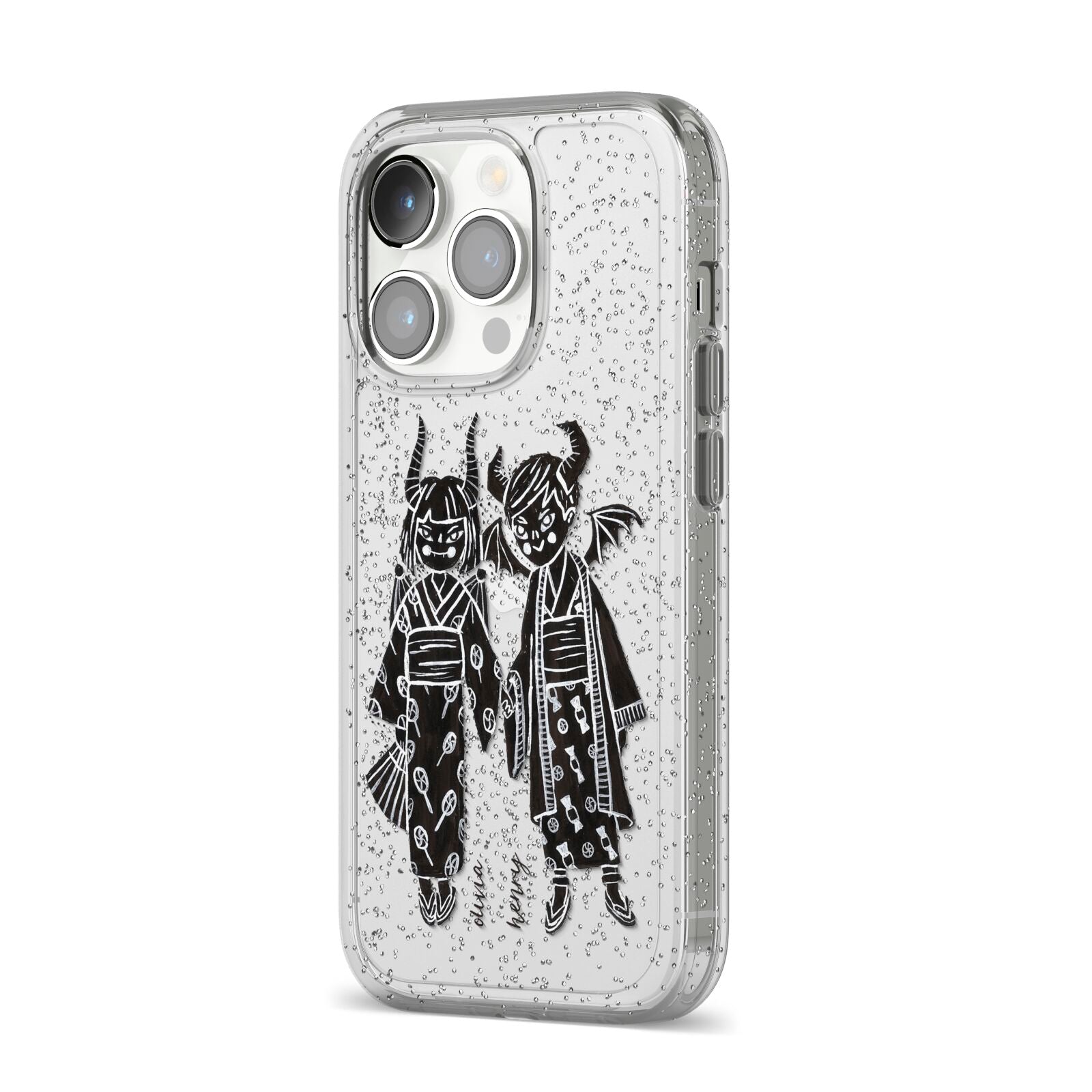 Kimono Devils iPhone 14 Pro Glitter Tough Case Silver Angled Image