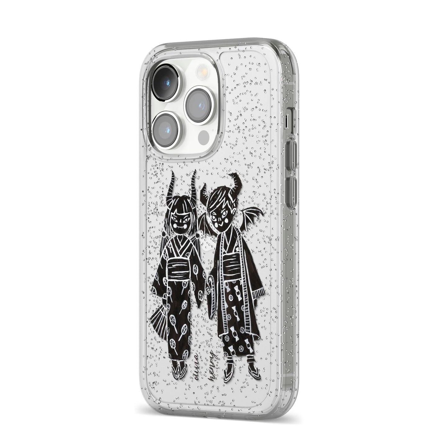 Kimono Devils iPhone 14 Pro Glitter Tough Case Silver Angled Image