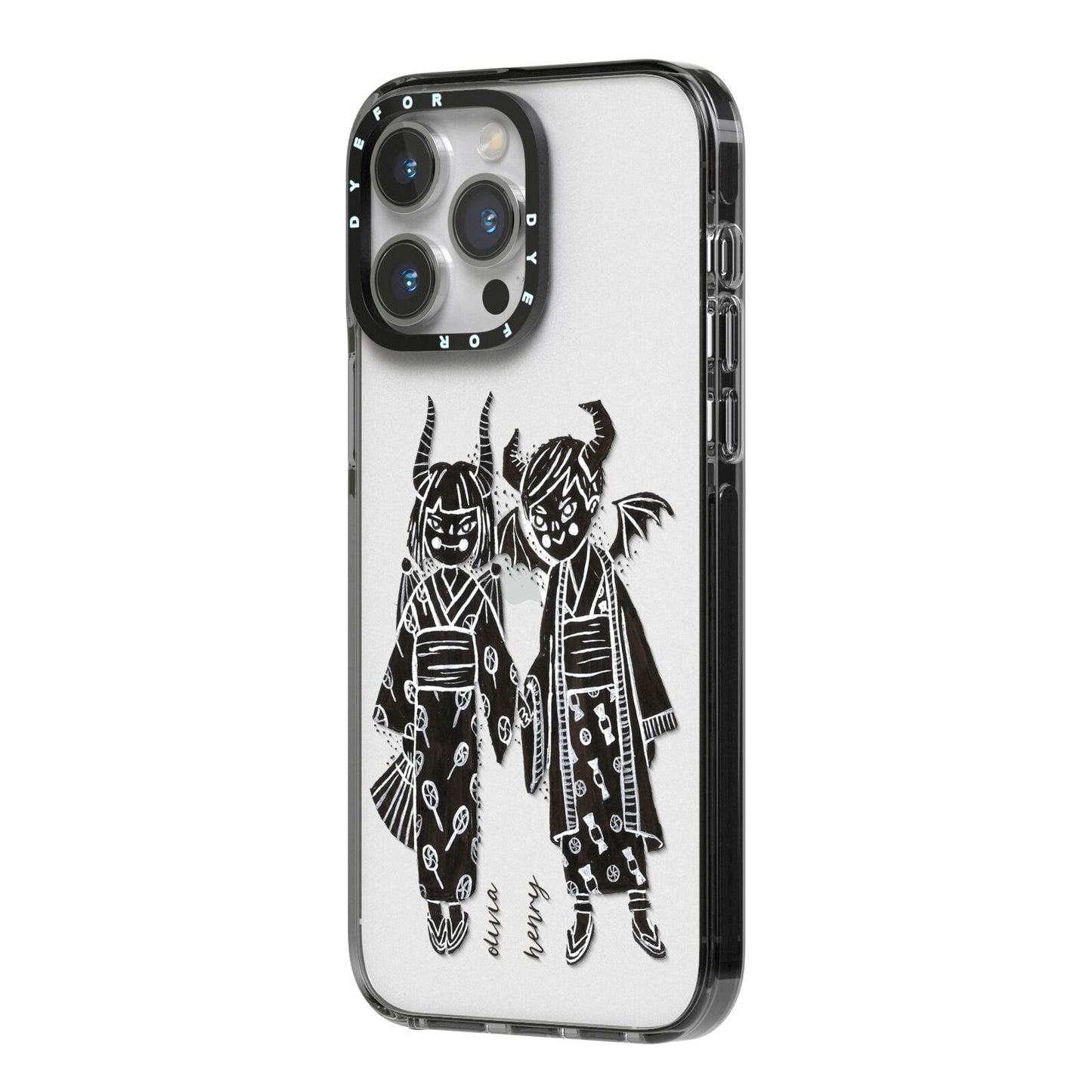 Kimono Devils iPhone 14 Pro Max Black Impact Case Side Angle on Silver phone