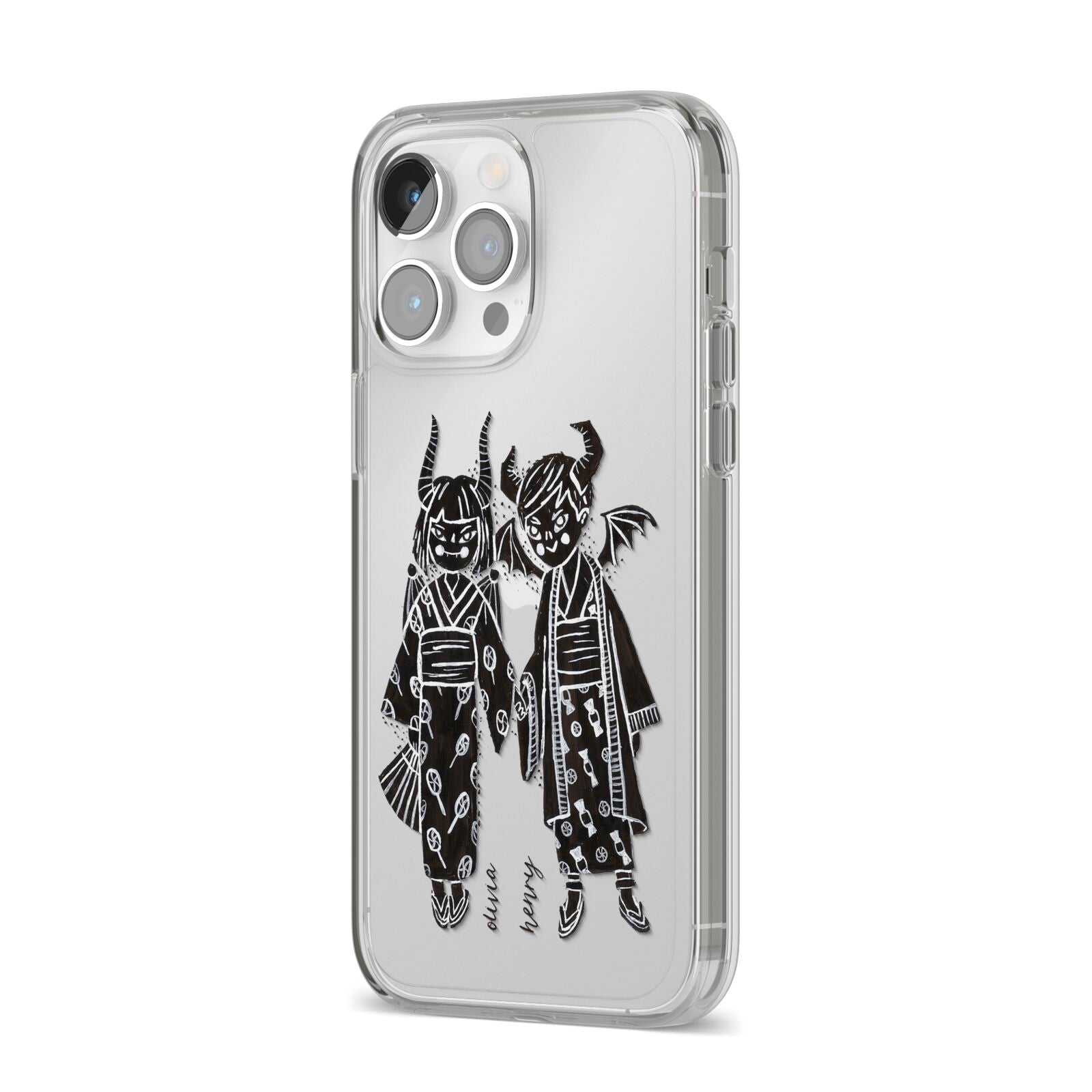 Kimono Devils iPhone 14 Pro Max Clear Tough Case Silver Angled Image