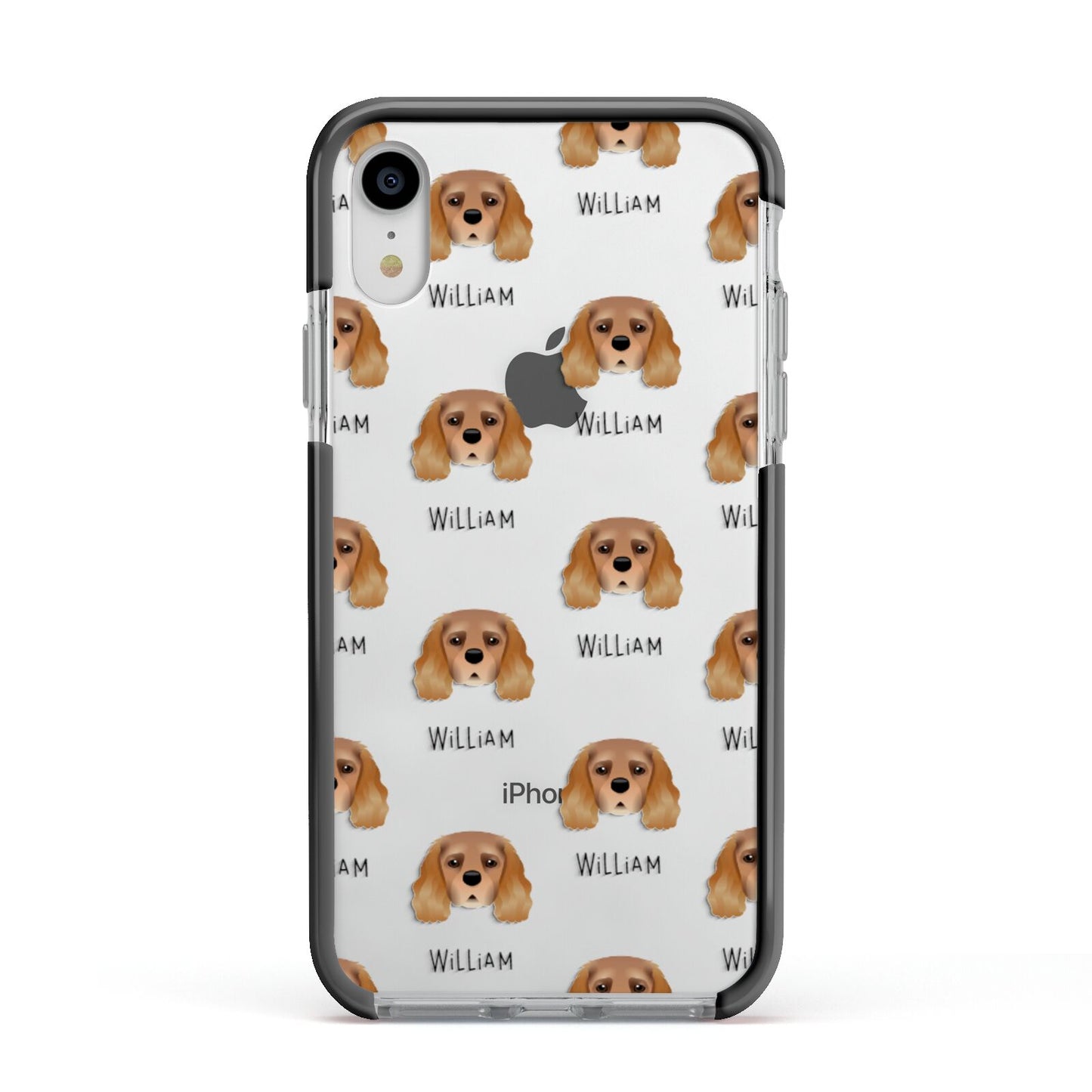 King Charles Spaniel Icon with Name Apple iPhone XR Impact Case Black Edge on Silver Phone