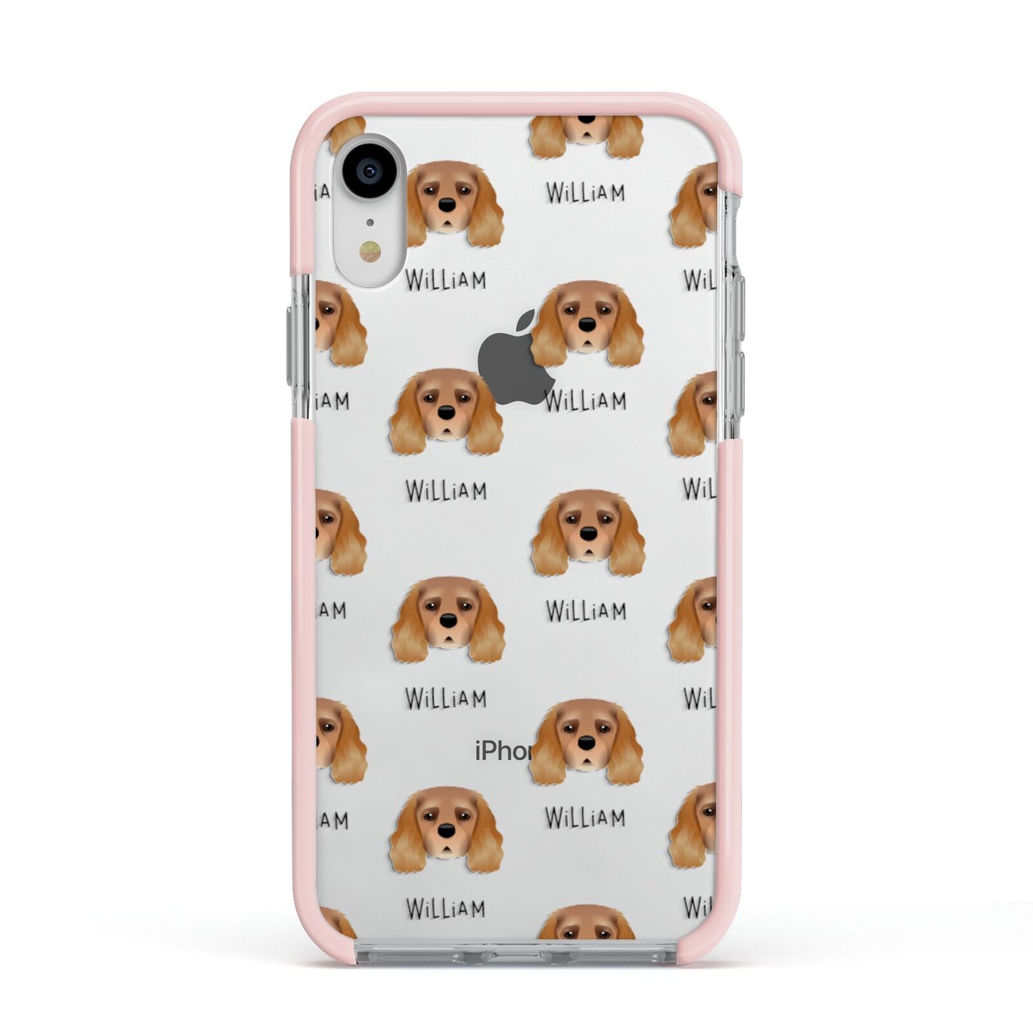 King Charles Spaniel Icon with Name Apple iPhone XR Impact Case Pink Edge on Silver Phone
