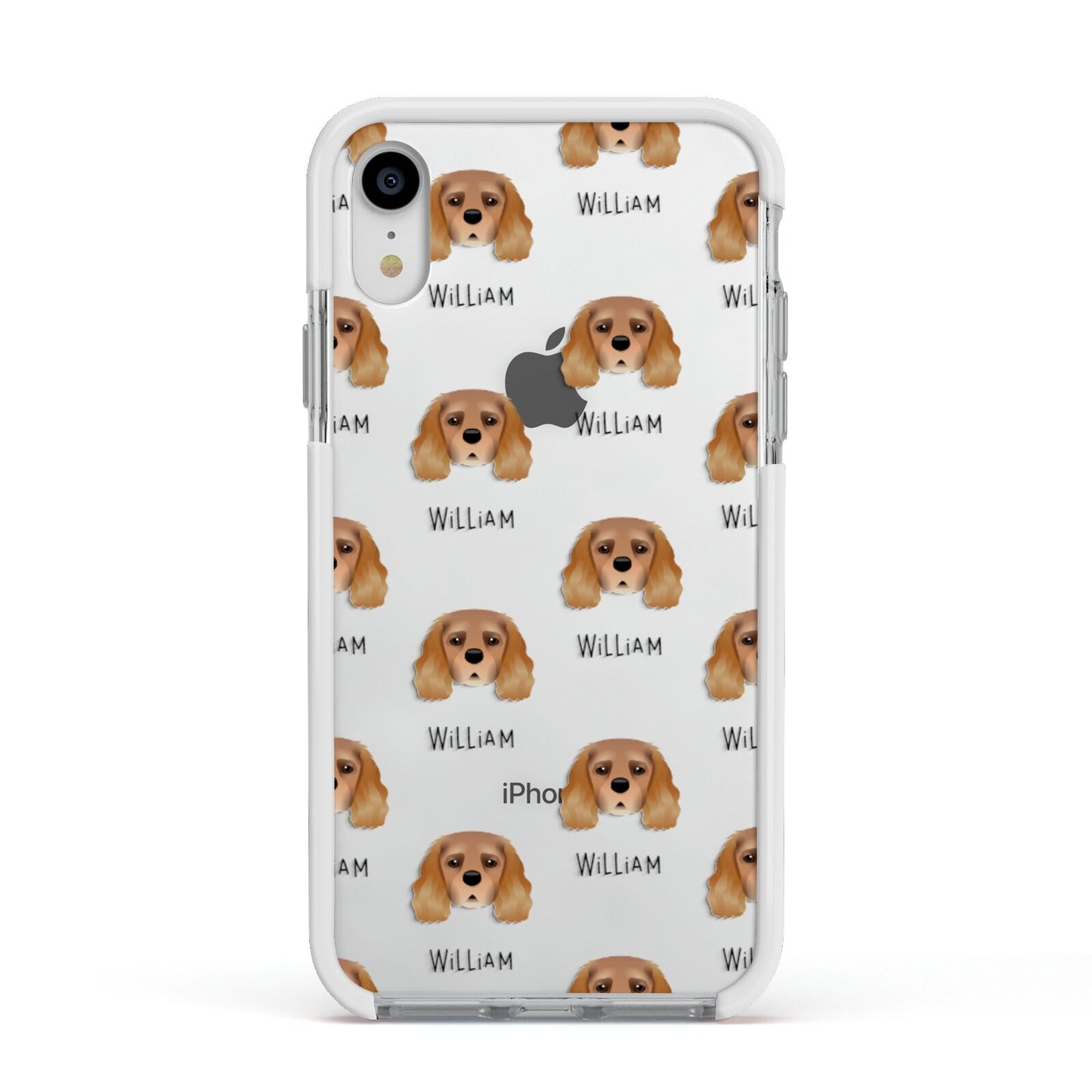 King Charles Spaniel Icon with Name Apple iPhone XR Impact Case White Edge on Silver Phone