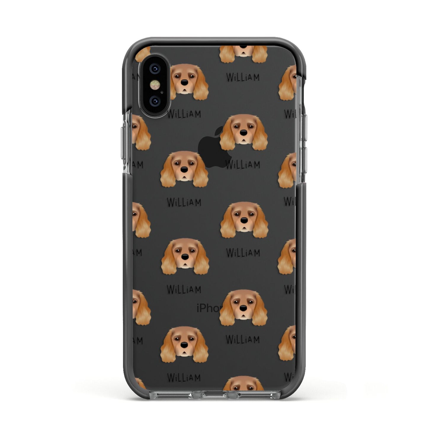 King Charles Spaniel Icon with Name Apple iPhone Xs Impact Case Black Edge on Black Phone
