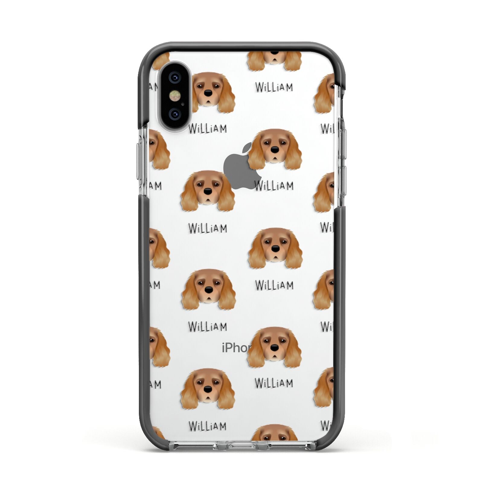King Charles Spaniel Icon with Name Apple iPhone Xs Impact Case Black Edge on Silver Phone