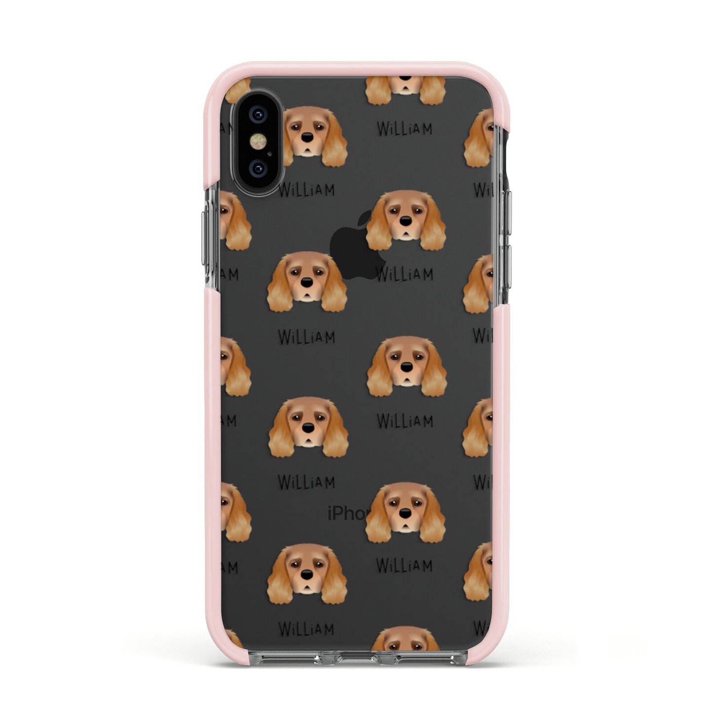 King Charles Spaniel Icon with Name Apple iPhone Xs Impact Case Pink Edge on Black Phone
