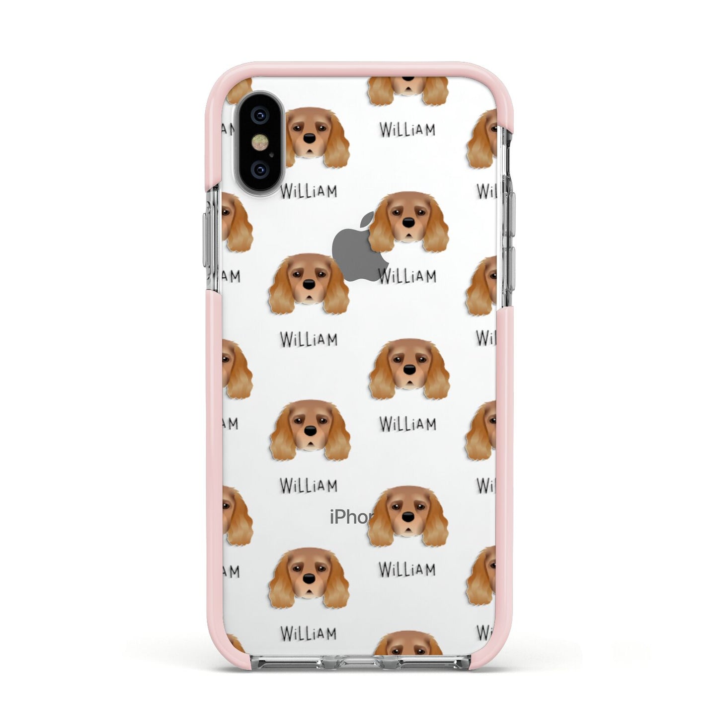 King Charles Spaniel Icon with Name Apple iPhone Xs Impact Case Pink Edge on Silver Phone
