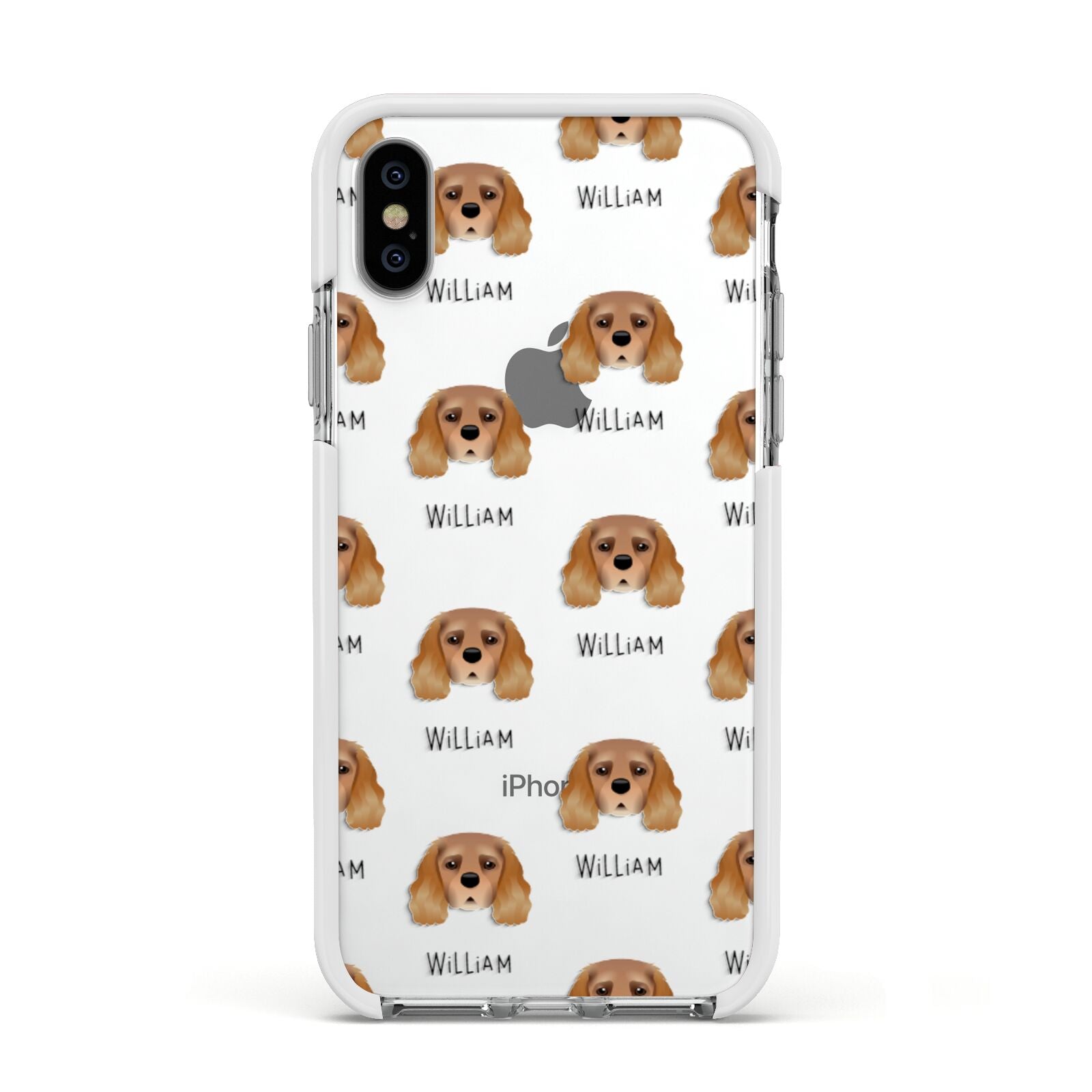 King Charles Spaniel Icon with Name Apple iPhone Xs Impact Case White Edge on Silver Phone