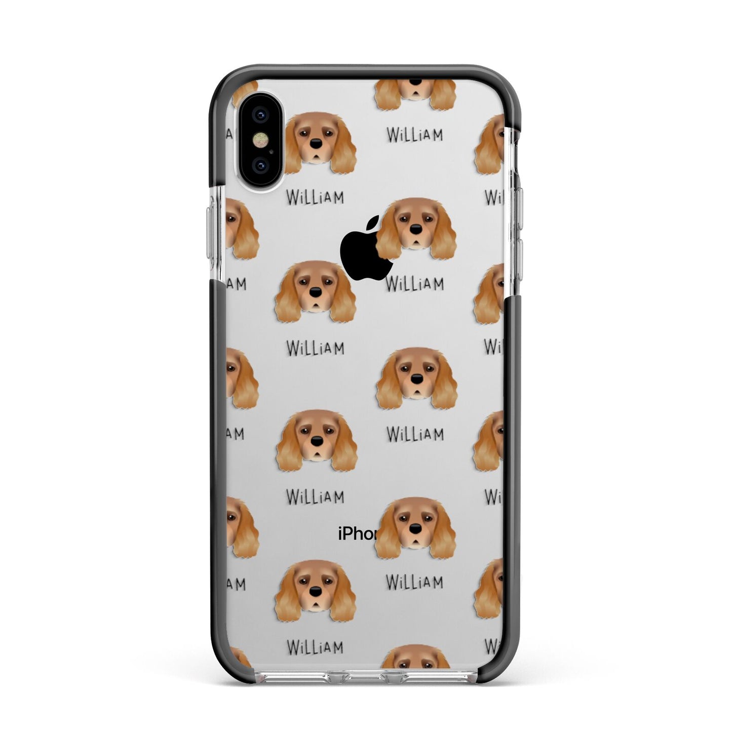 King Charles Spaniel Icon with Name Apple iPhone Xs Max Impact Case Black Edge on Silver Phone