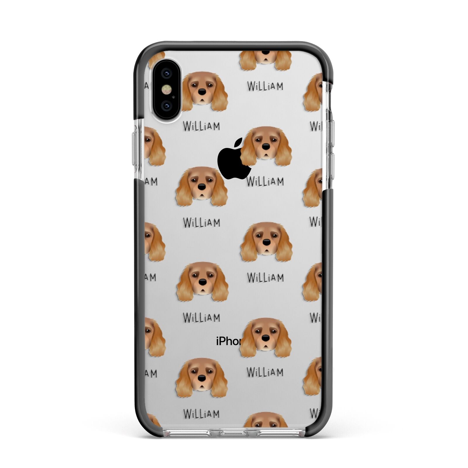 King Charles Spaniel Icon with Name Apple iPhone Xs Max Impact Case Black Edge on Silver Phone