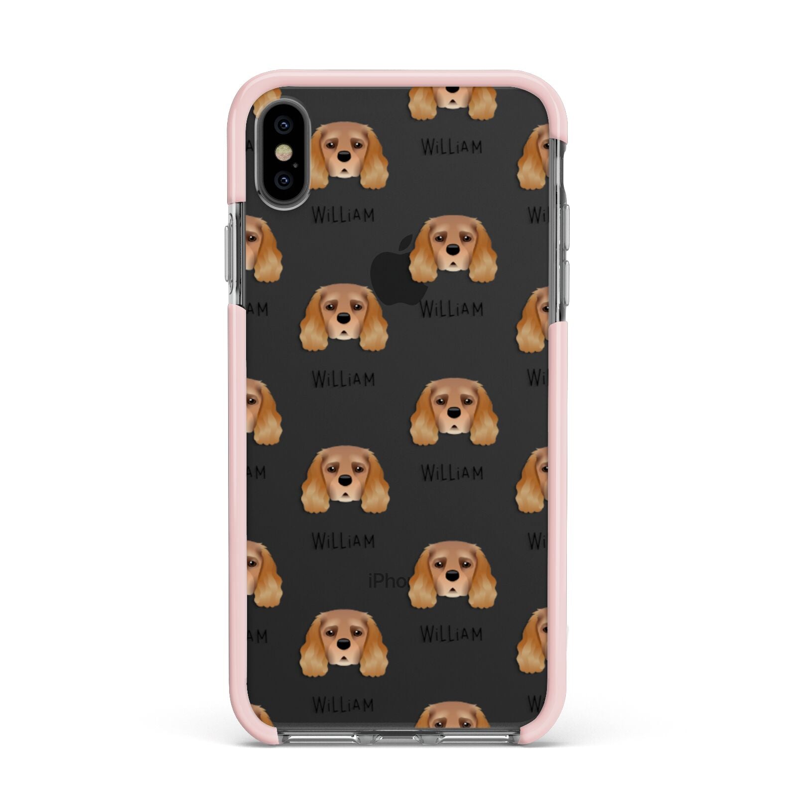 King Charles Spaniel Icon with Name Apple iPhone Xs Max Impact Case Pink Edge on Black Phone