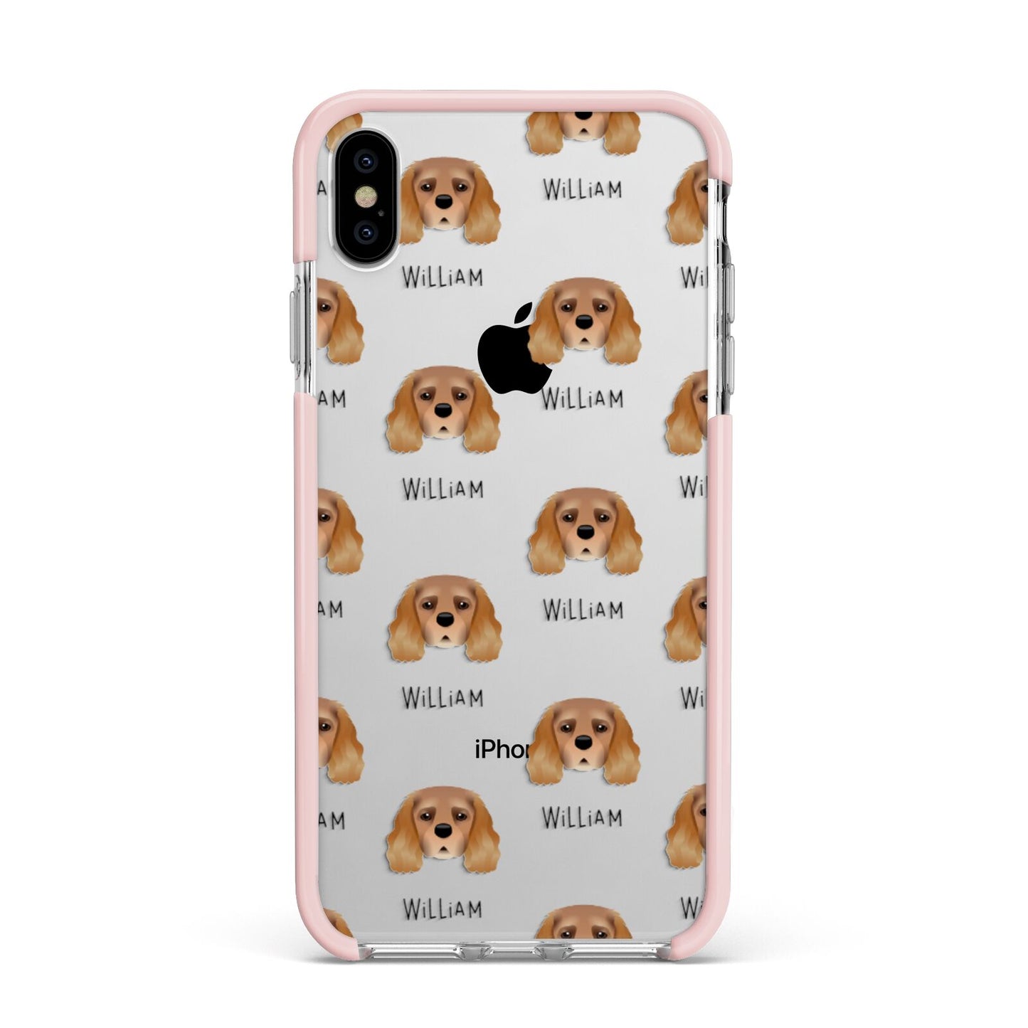 King Charles Spaniel Icon with Name Apple iPhone Xs Max Impact Case Pink Edge on Silver Phone