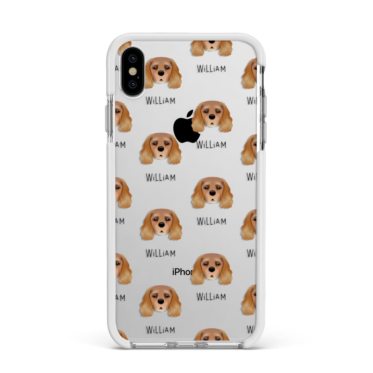 King Charles Spaniel Icon with Name Apple iPhone Xs Max Impact Case White Edge on Silver Phone