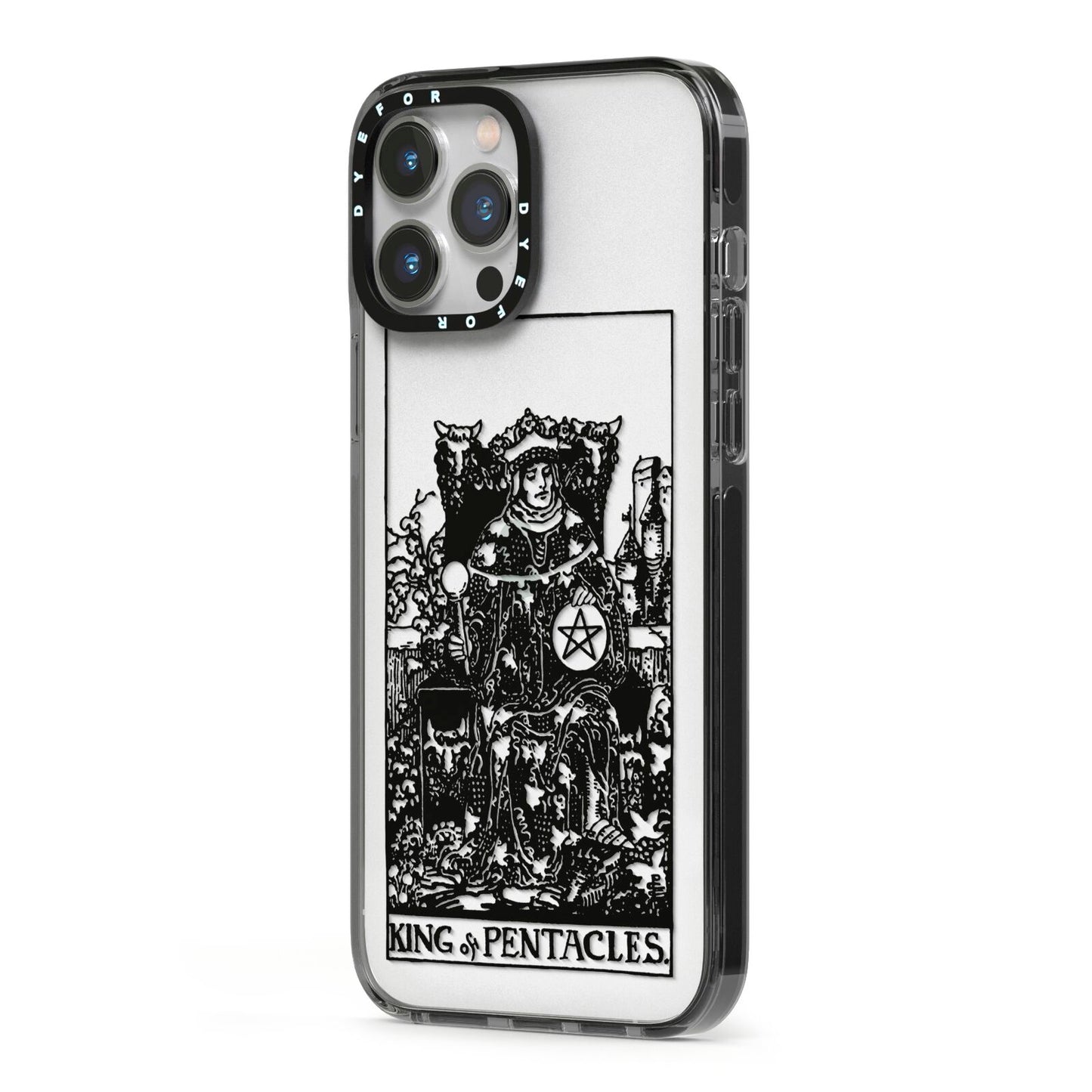 King of Pentacles Monochrome iPhone 13 Pro Max Black Impact Case Side Angle on Silver phone