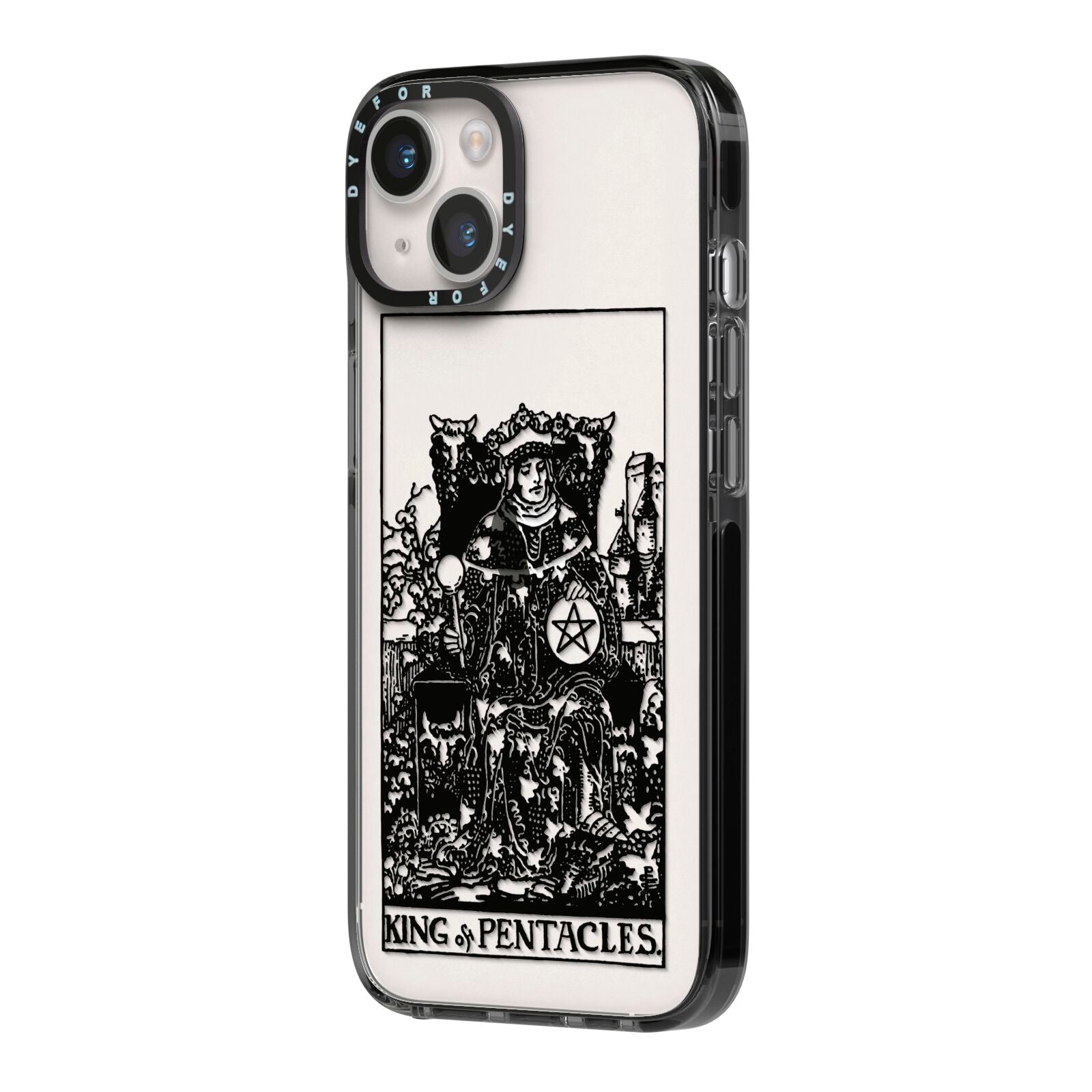 King of Pentacles Monochrome iPhone 14 Black Impact Case Side Angle on Silver phone