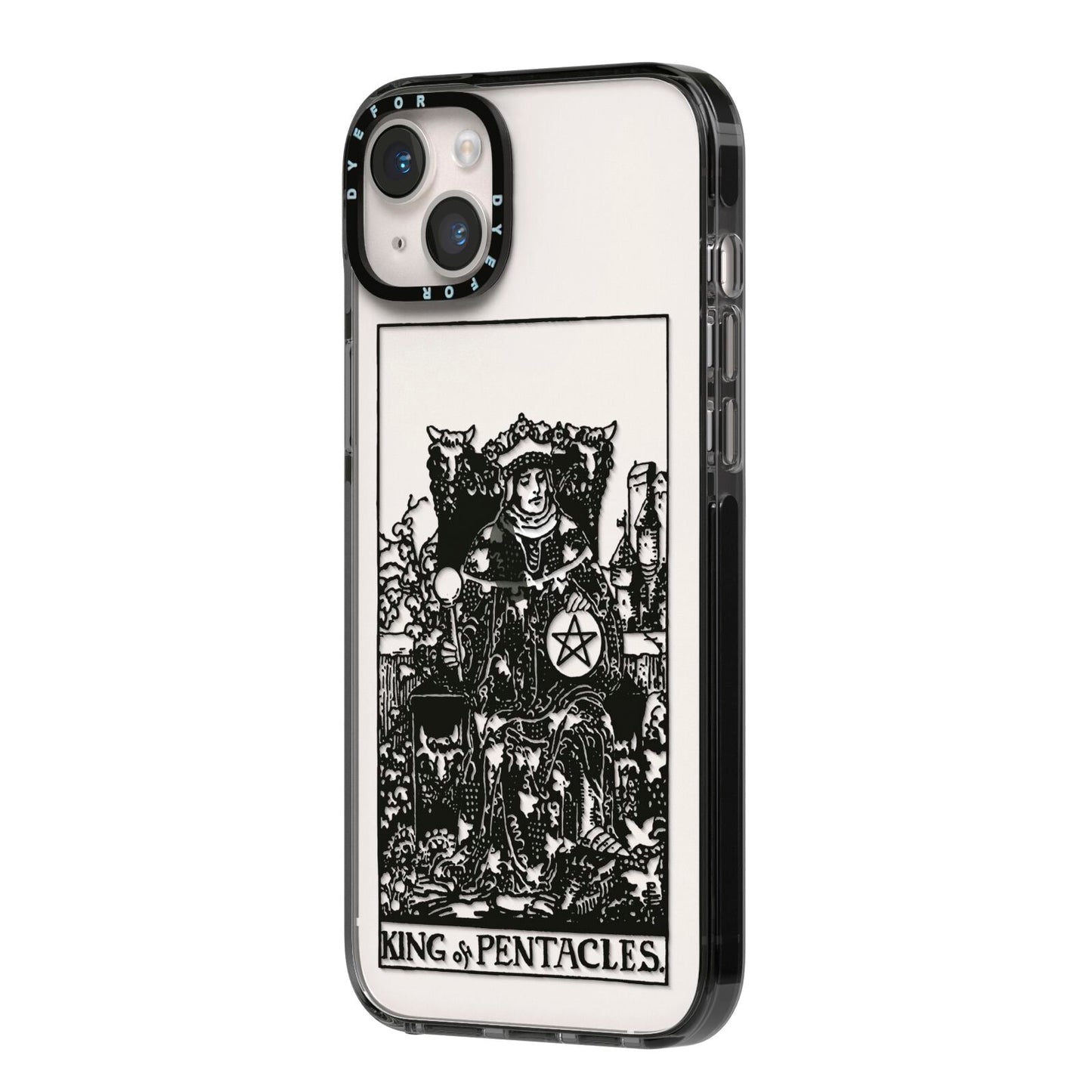 King of Pentacles Monochrome iPhone 14 Plus Black Impact Case Side Angle on Silver phone