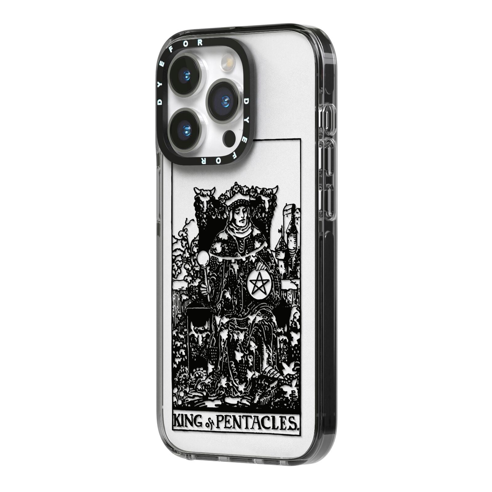 King of Pentacles Monochrome iPhone 14 Pro Black Impact Case Side Angle on Silver phone
