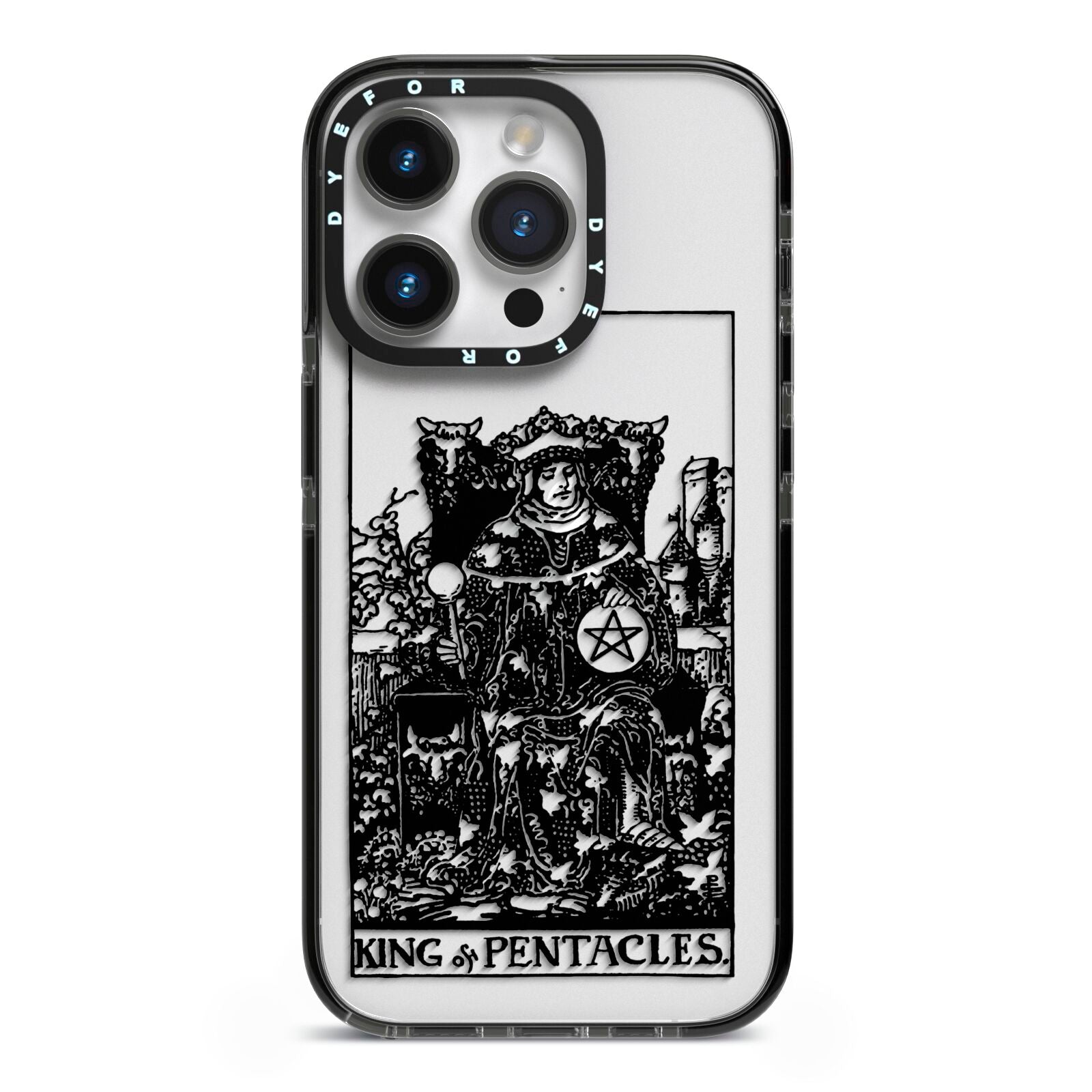 King of Pentacles Monochrome iPhone 14 Pro Black Impact Case on Silver phone