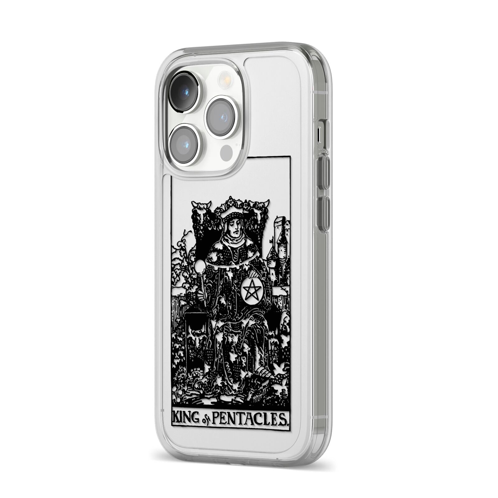 King of Pentacles Monochrome iPhone 14 Pro Clear Tough Case Silver Angled Image