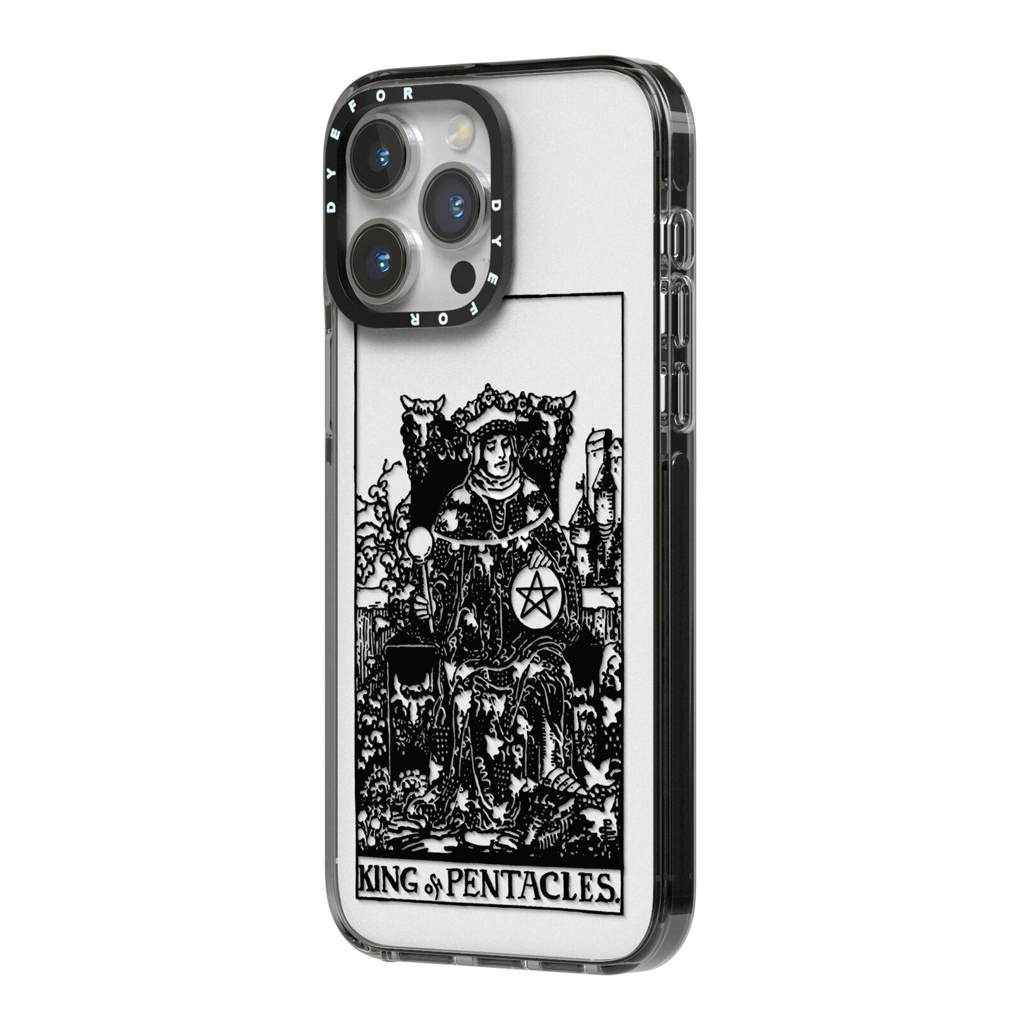 King of Pentacles Monochrome iPhone 14 Pro Max Black Impact Case Side Angle on Silver phone