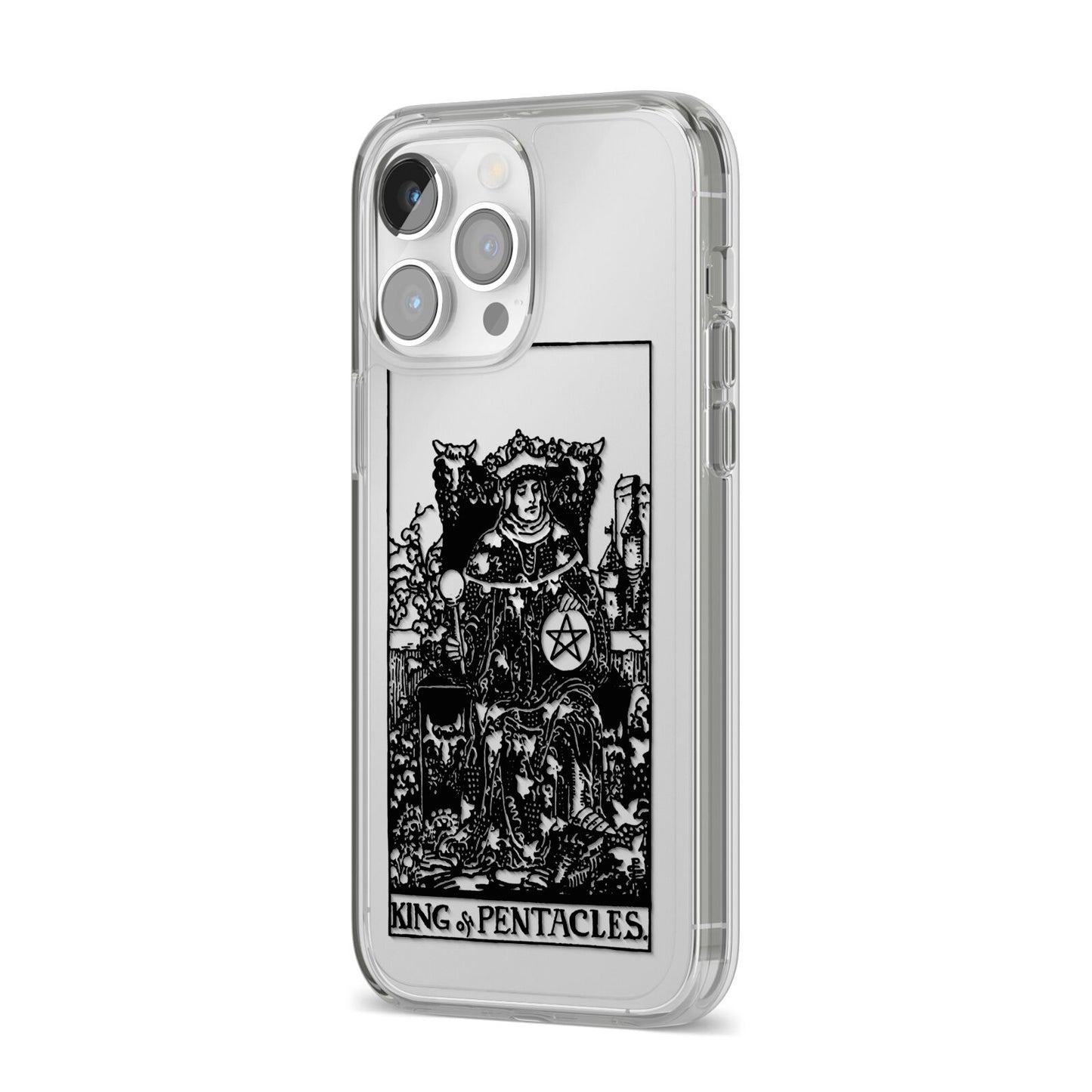 King of Pentacles Monochrome iPhone 14 Pro Max Clear Tough Case Silver Angled Image