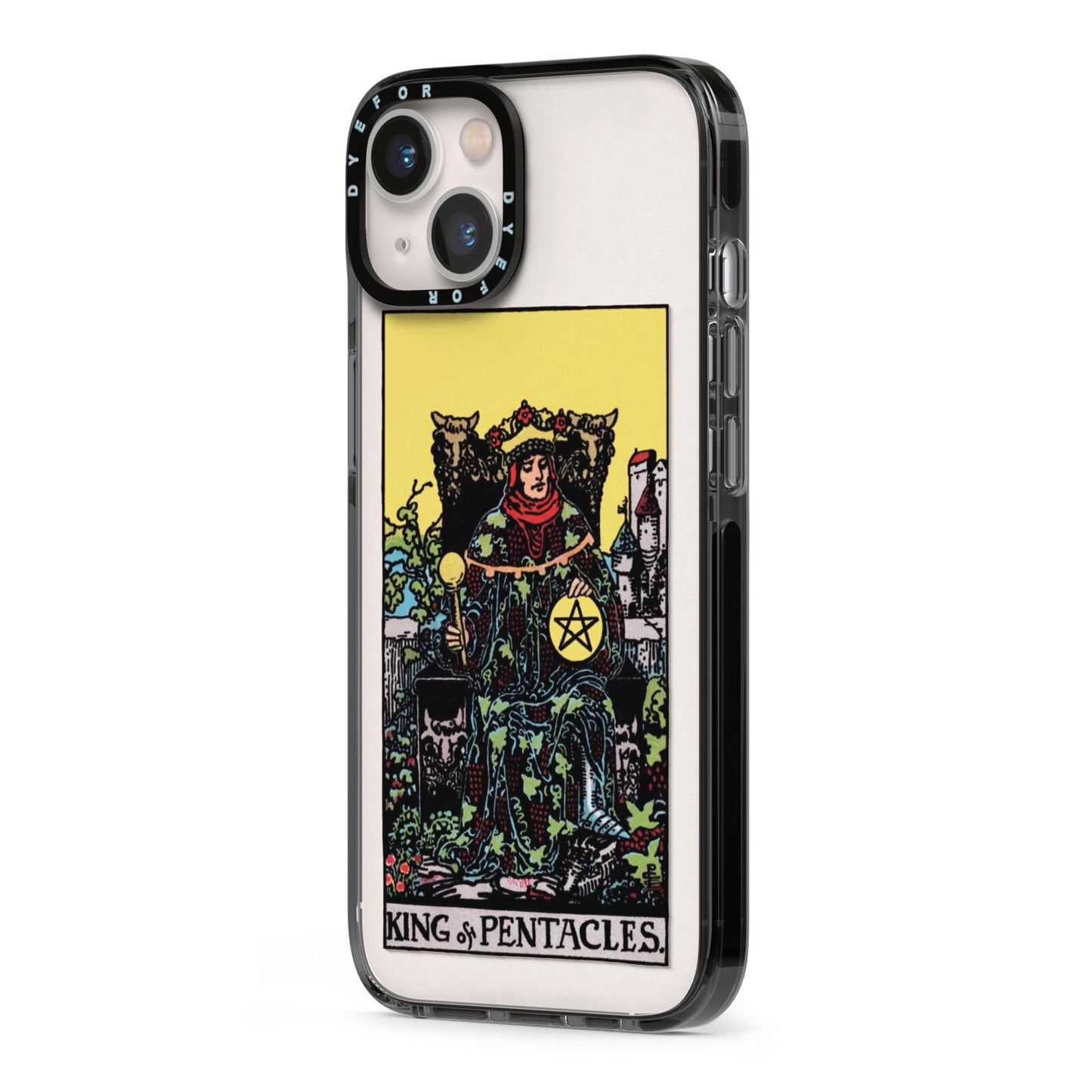King of Pentacles Tarot Card iPhone 13 Black Impact Case Side Angle on Silver phone