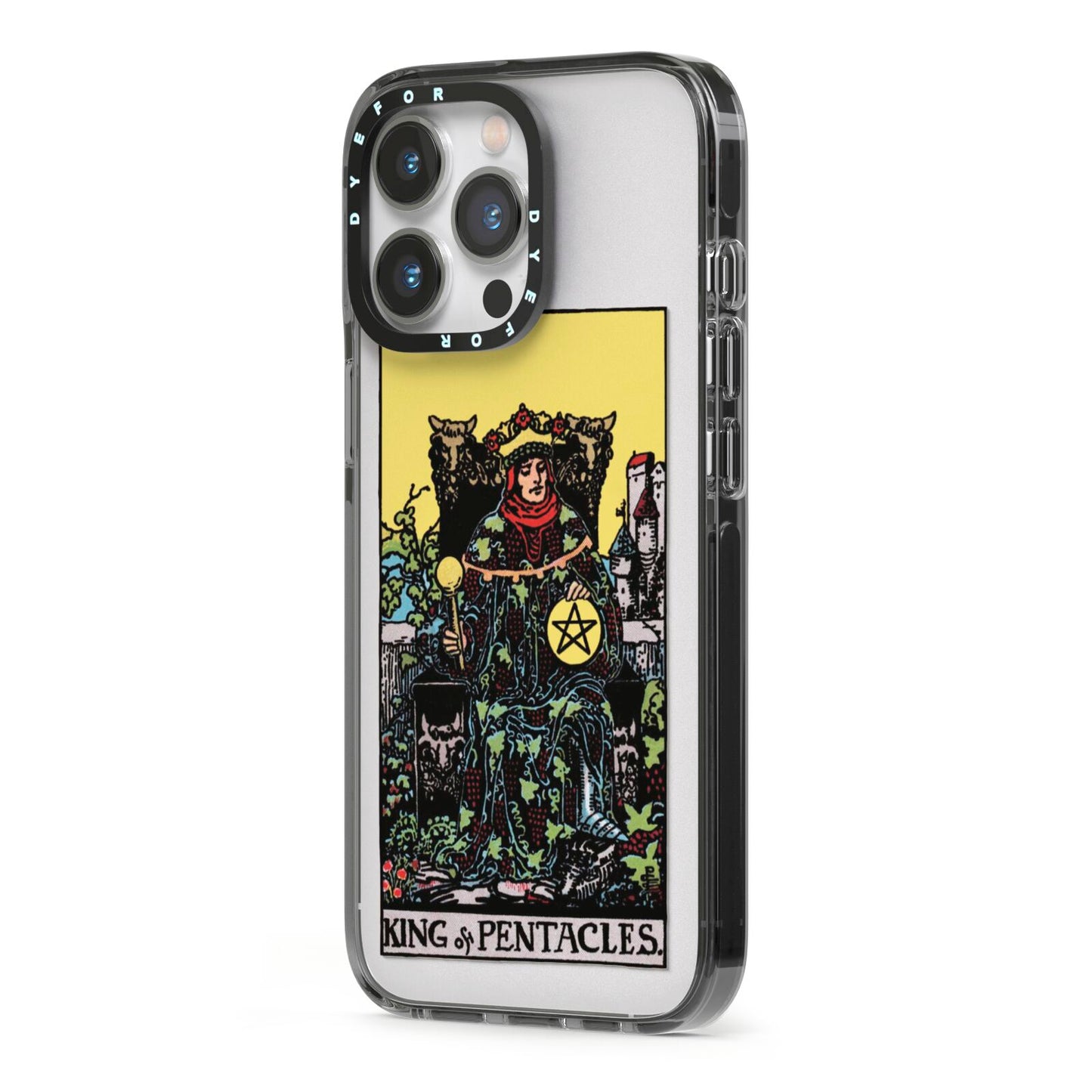 King of Pentacles Tarot Card iPhone 13 Pro Black Impact Case Side Angle on Silver phone