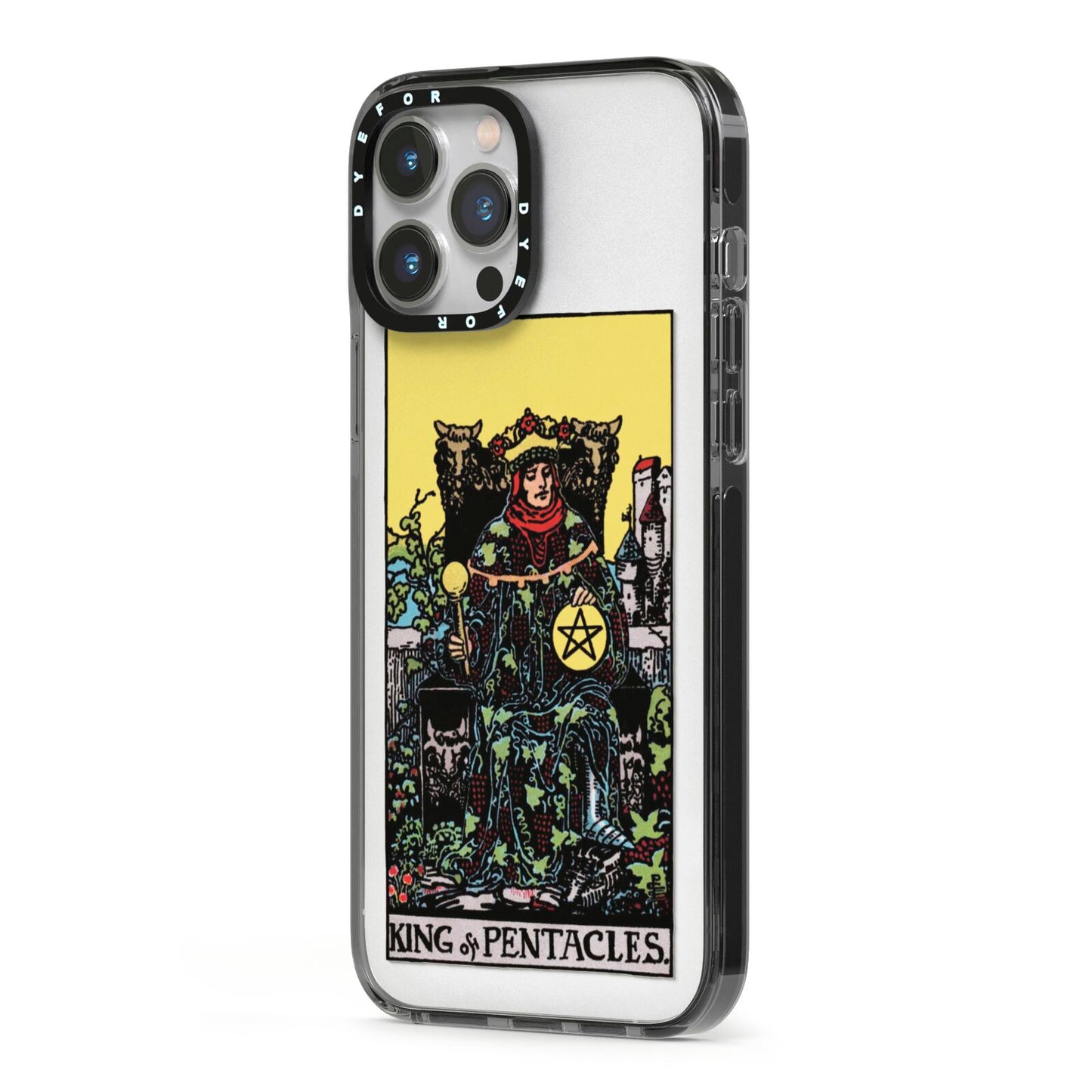 King of Pentacles Tarot Card iPhone 13 Pro Max Black Impact Case Side Angle on Silver phone