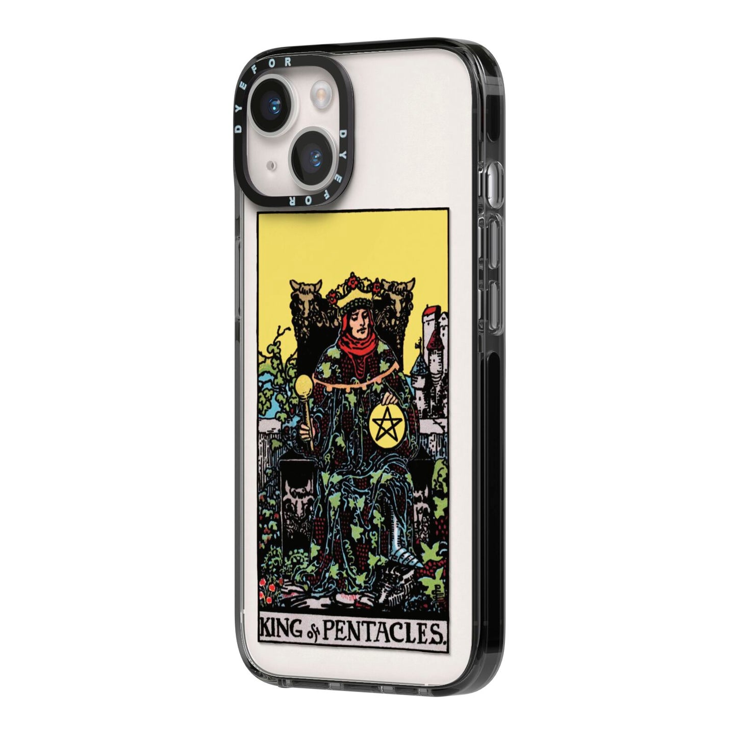King of Pentacles Tarot Card iPhone 14 Black Impact Case Side Angle on Silver phone