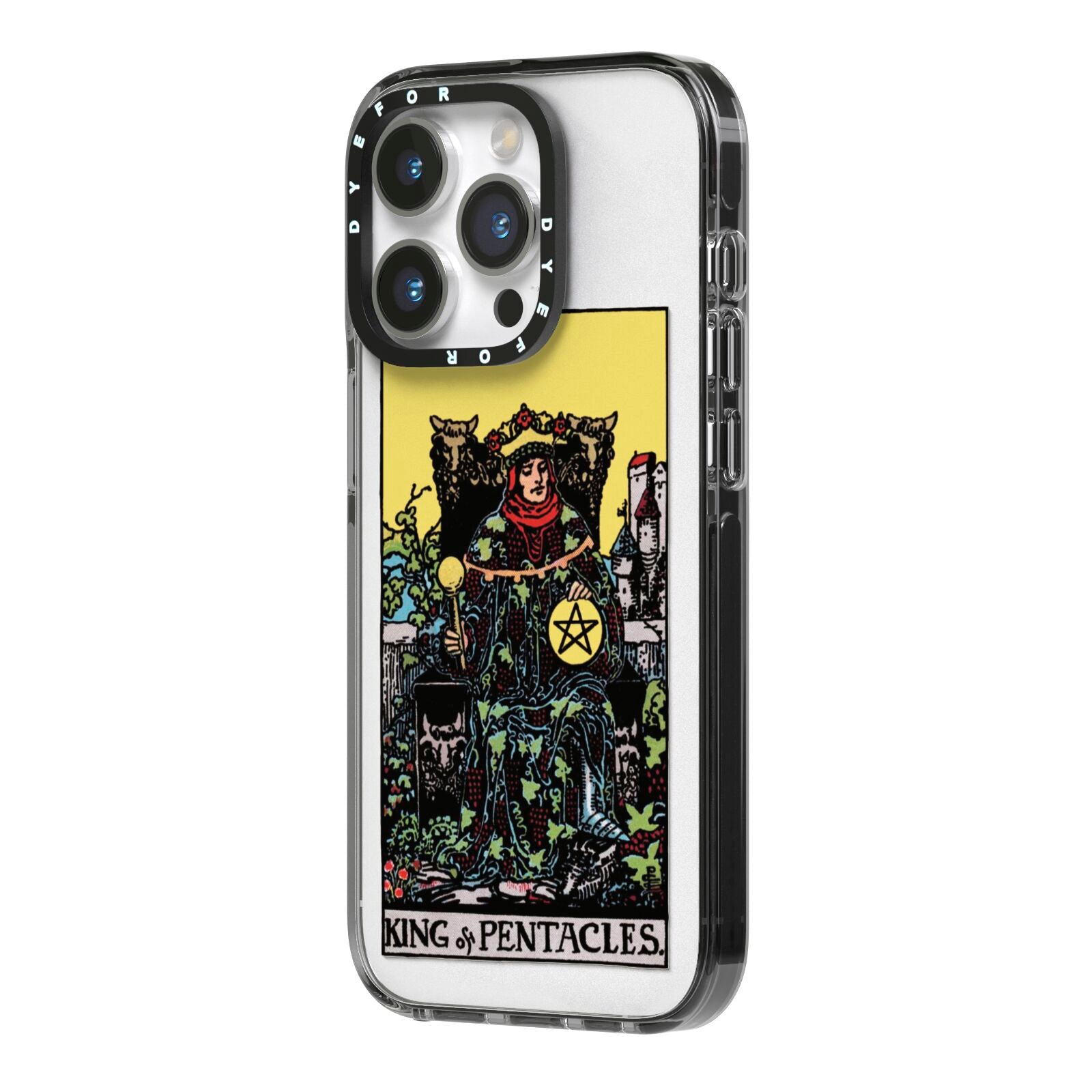 King of Pentacles Tarot Card iPhone 14 Pro Black Impact Case Side Angle on Silver phone