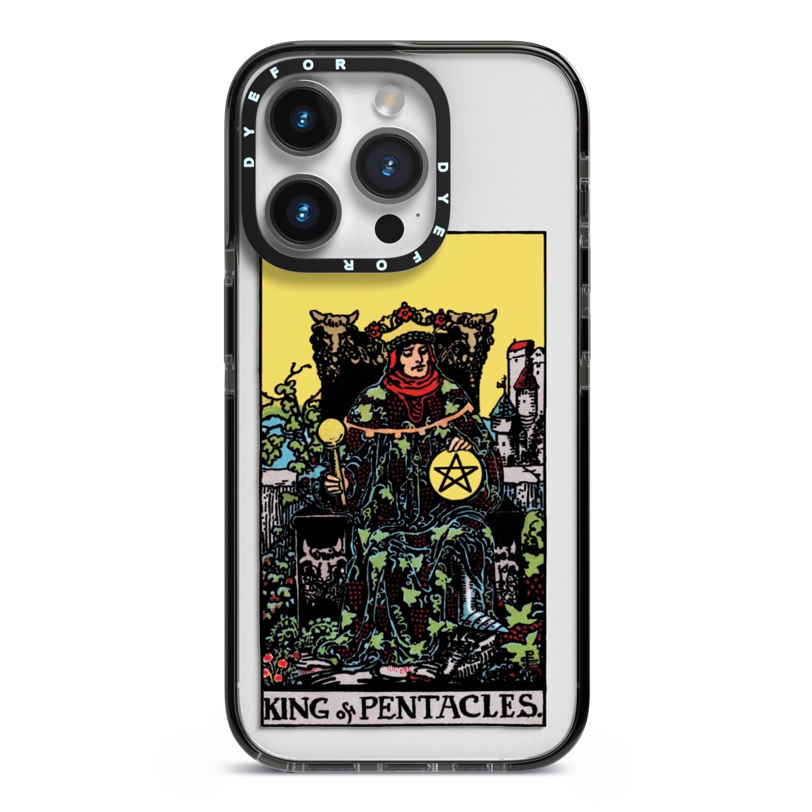 King of Pentacles Tarot Card iPhone 14 Pro Black Impact Case on Silver phone
