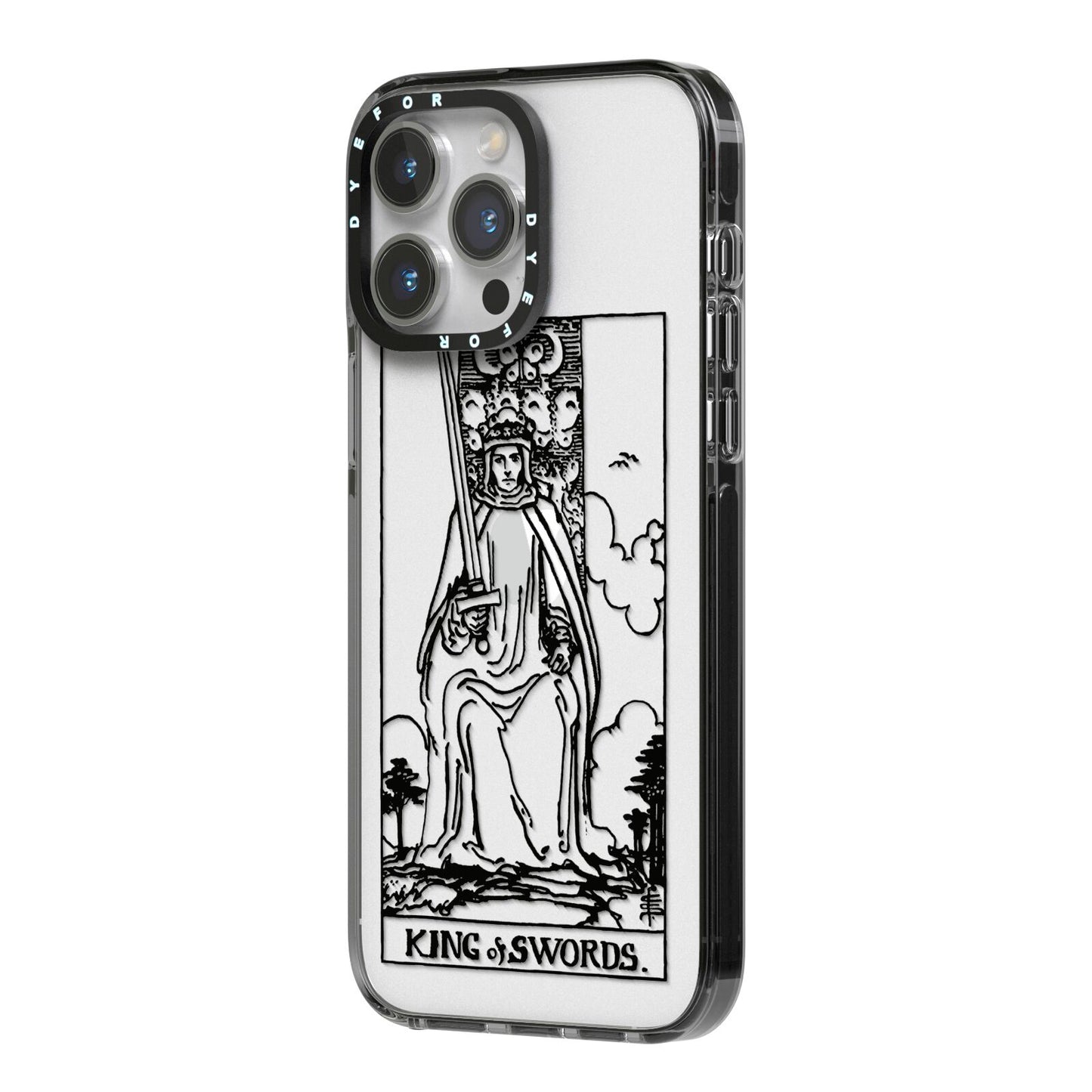 King of Swords Monochrome iPhone 14 Pro Max Black Impact Case Side Angle on Silver phone