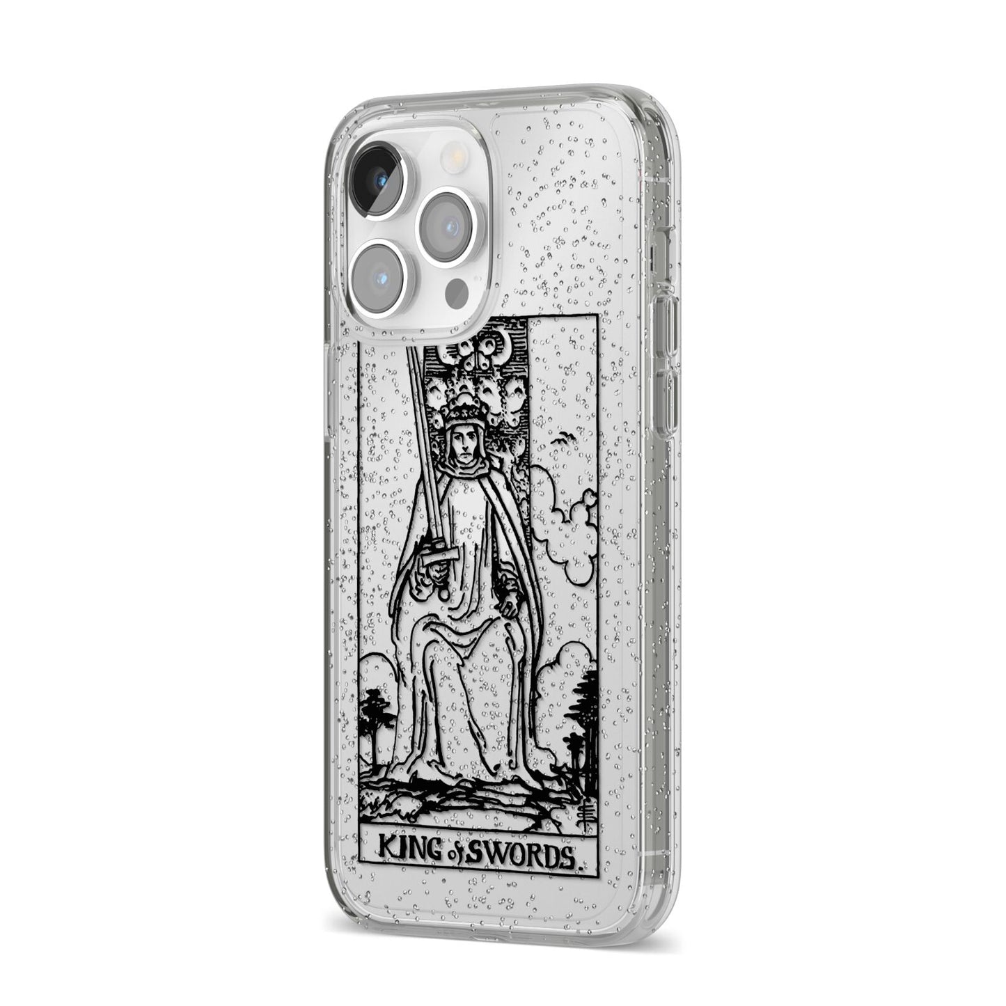 King of Swords Monochrome iPhone 14 Pro Max Glitter Tough Case Silver Angled Image