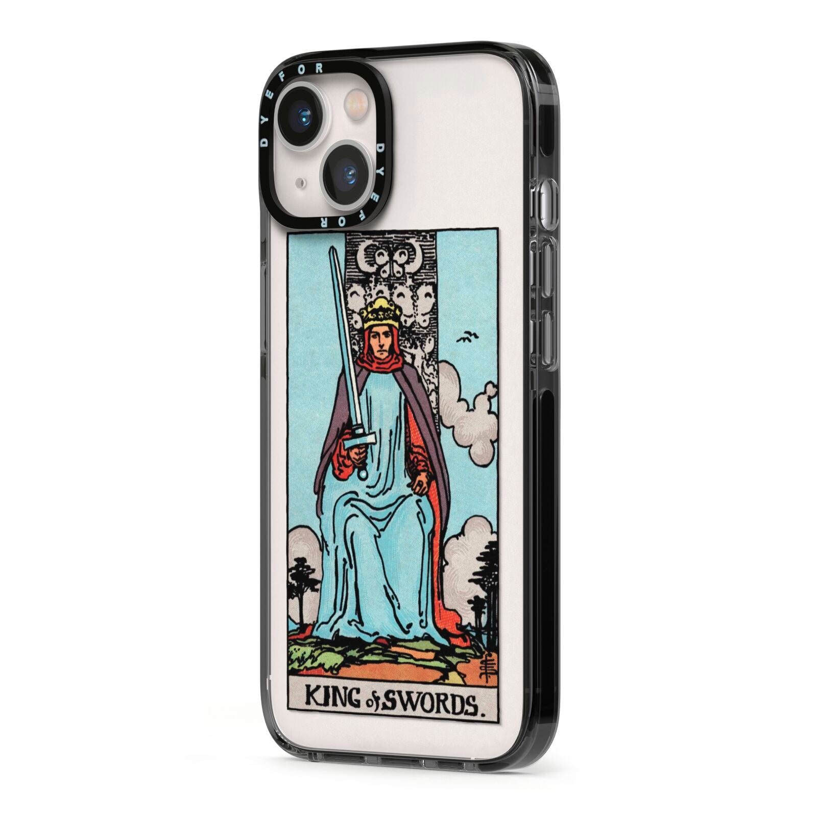 King of Swords Tarot Card iPhone 13 Black Impact Case Side Angle on Silver phone