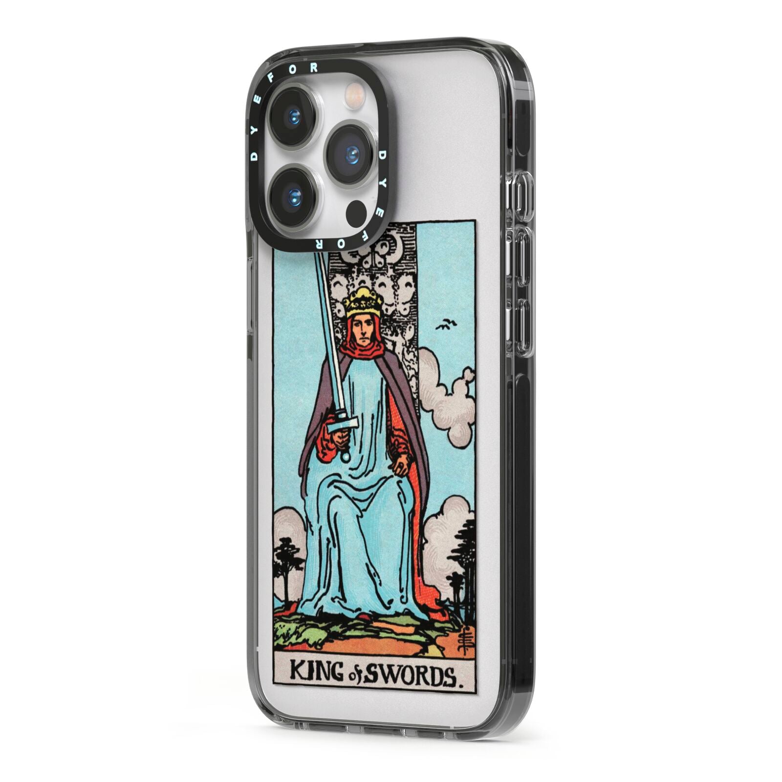King of Swords Tarot Card iPhone 13 Pro Black Impact Case Side Angle on Silver phone