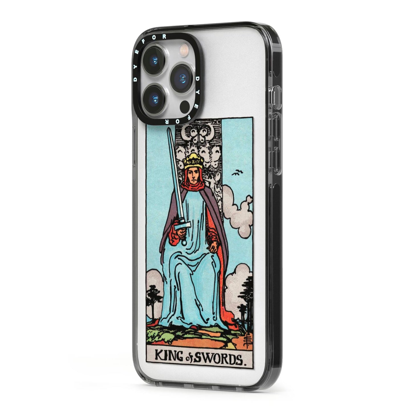 King of Swords Tarot Card iPhone 13 Pro Max Black Impact Case Side Angle on Silver phone