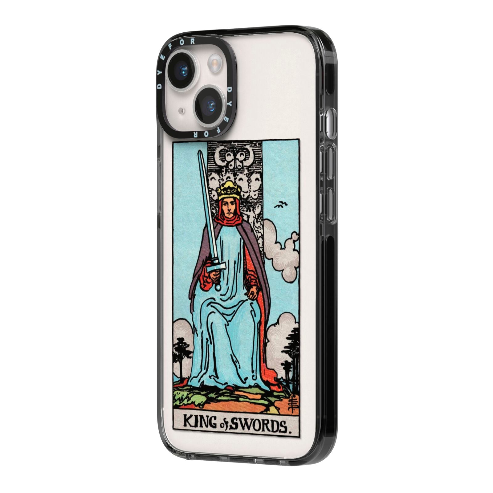 King of Swords Tarot Card iPhone 14 Black Impact Case Side Angle on Silver phone