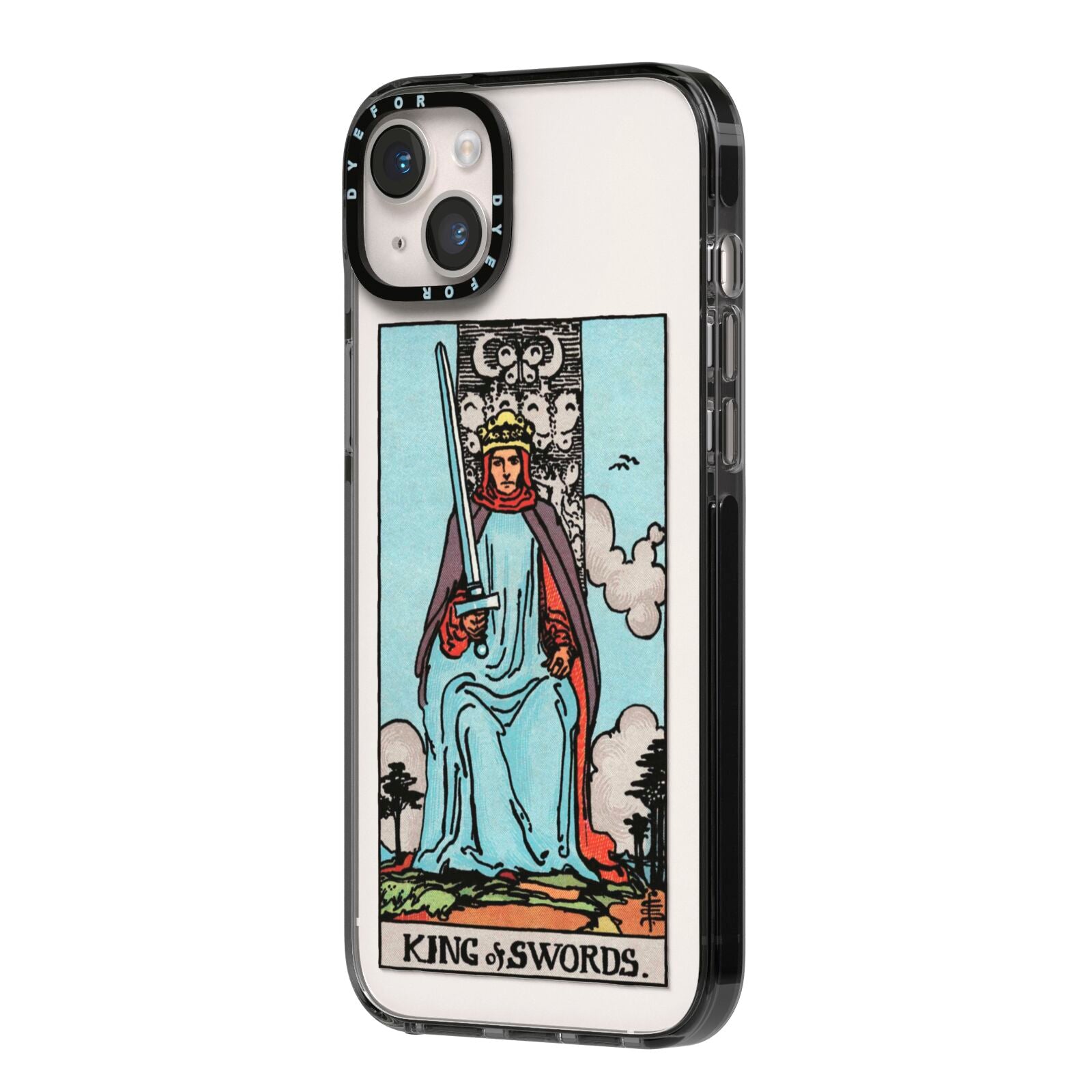King of Swords Tarot Card iPhone 14 Plus Black Impact Case Side Angle on Silver phone