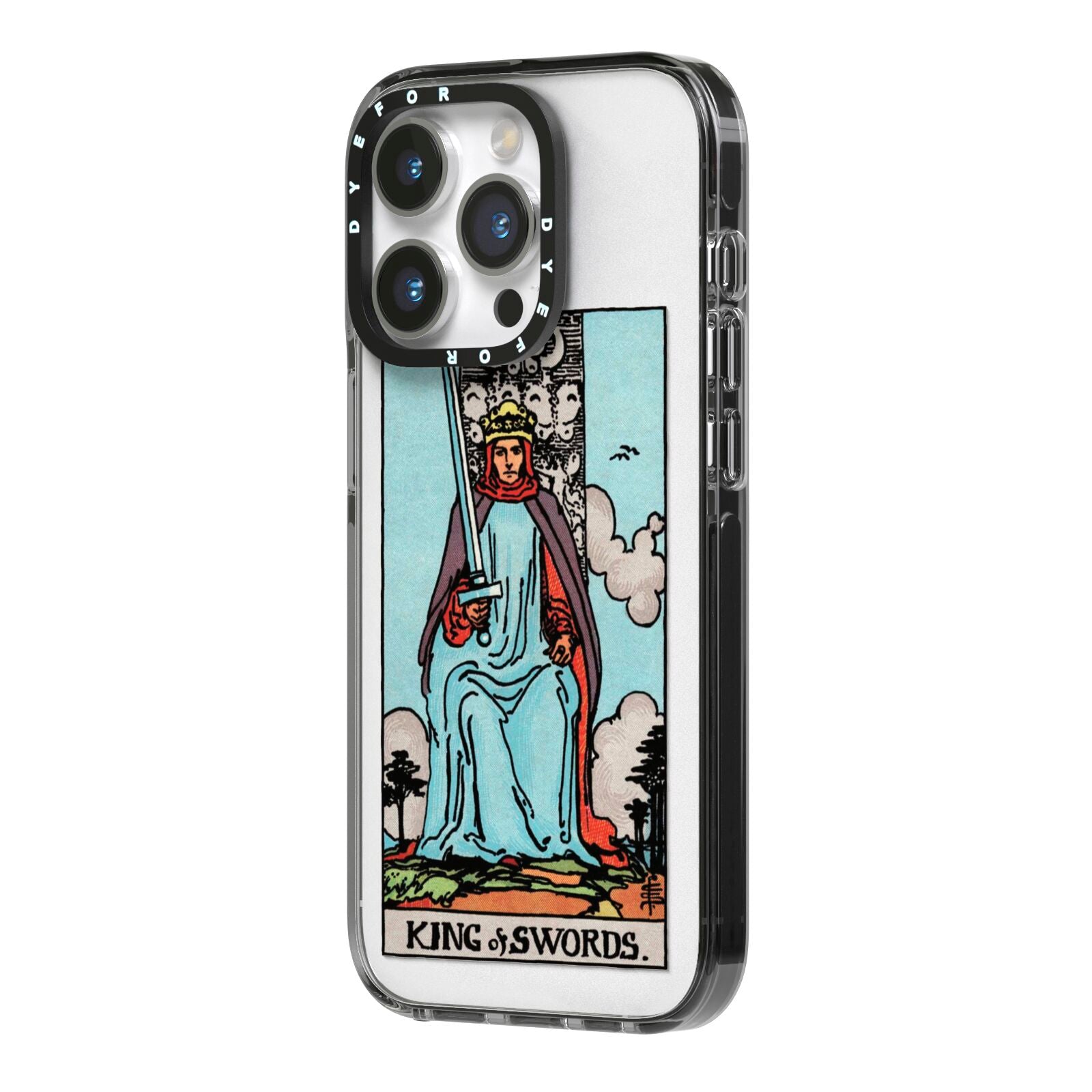 King of Swords Tarot Card iPhone 14 Pro Black Impact Case Side Angle on Silver phone