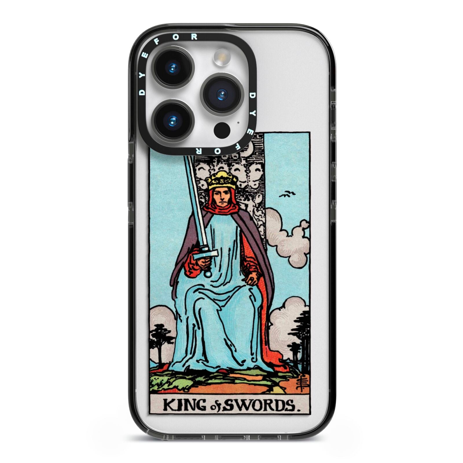 King of Swords Tarot Card iPhone 14 Pro Black Impact Case on Silver phone