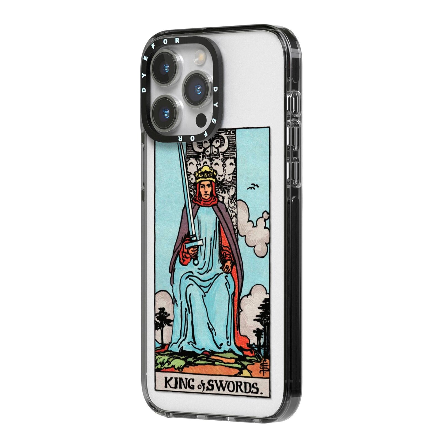 King of Swords Tarot Card iPhone 14 Pro Max Black Impact Case Side Angle on Silver phone