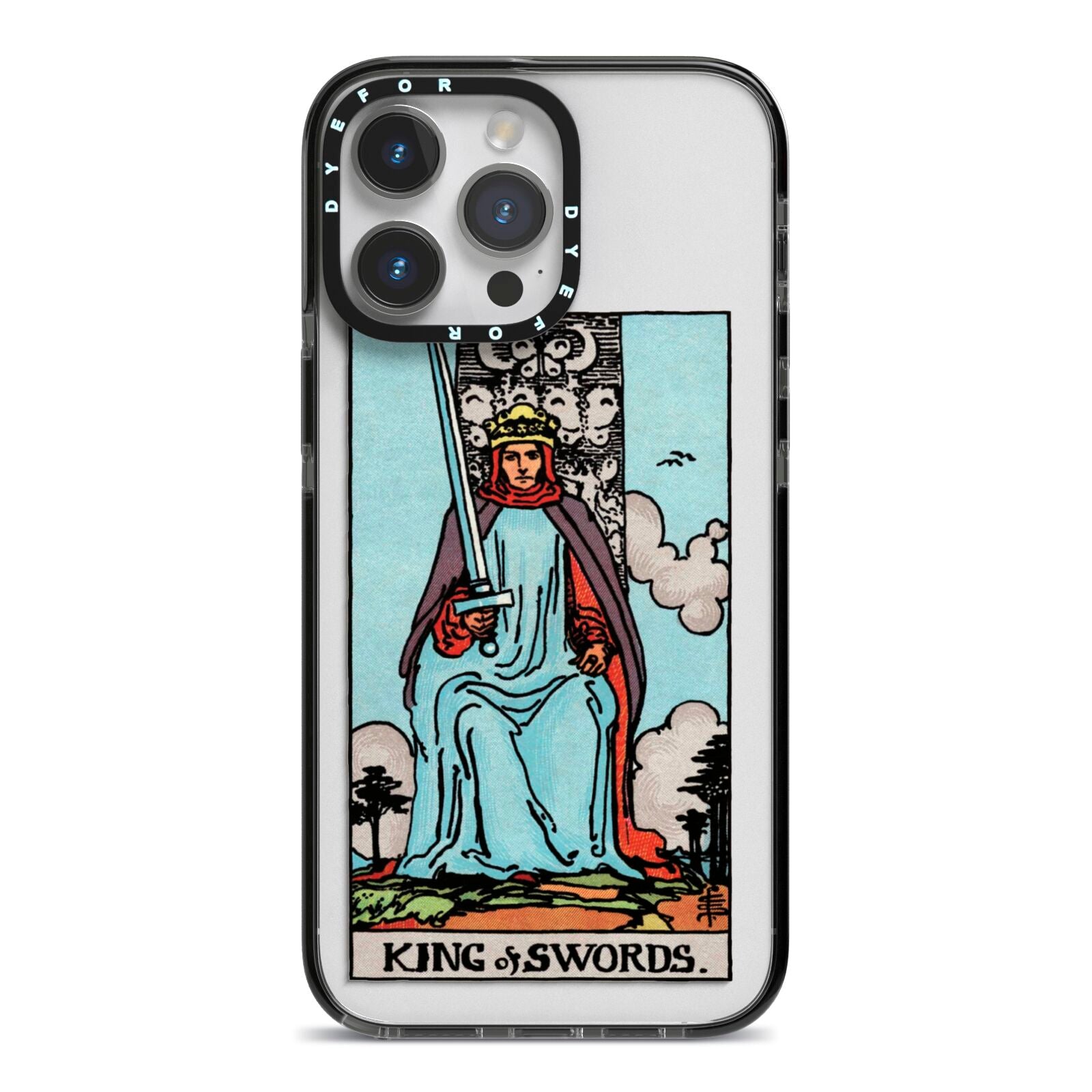 King of Swords Tarot Card iPhone 14 Pro Max Black Impact Case on Silver phone