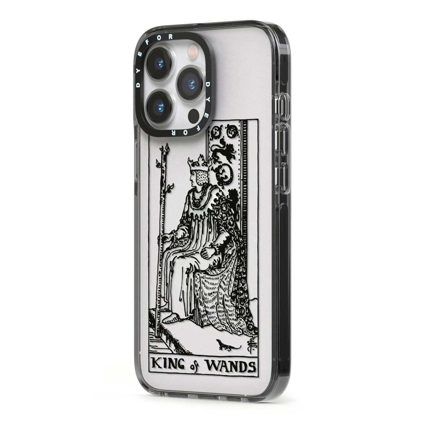 King of Wands Monochrome iPhone 13 Pro Black Impact Case Side Angle on Silver phone