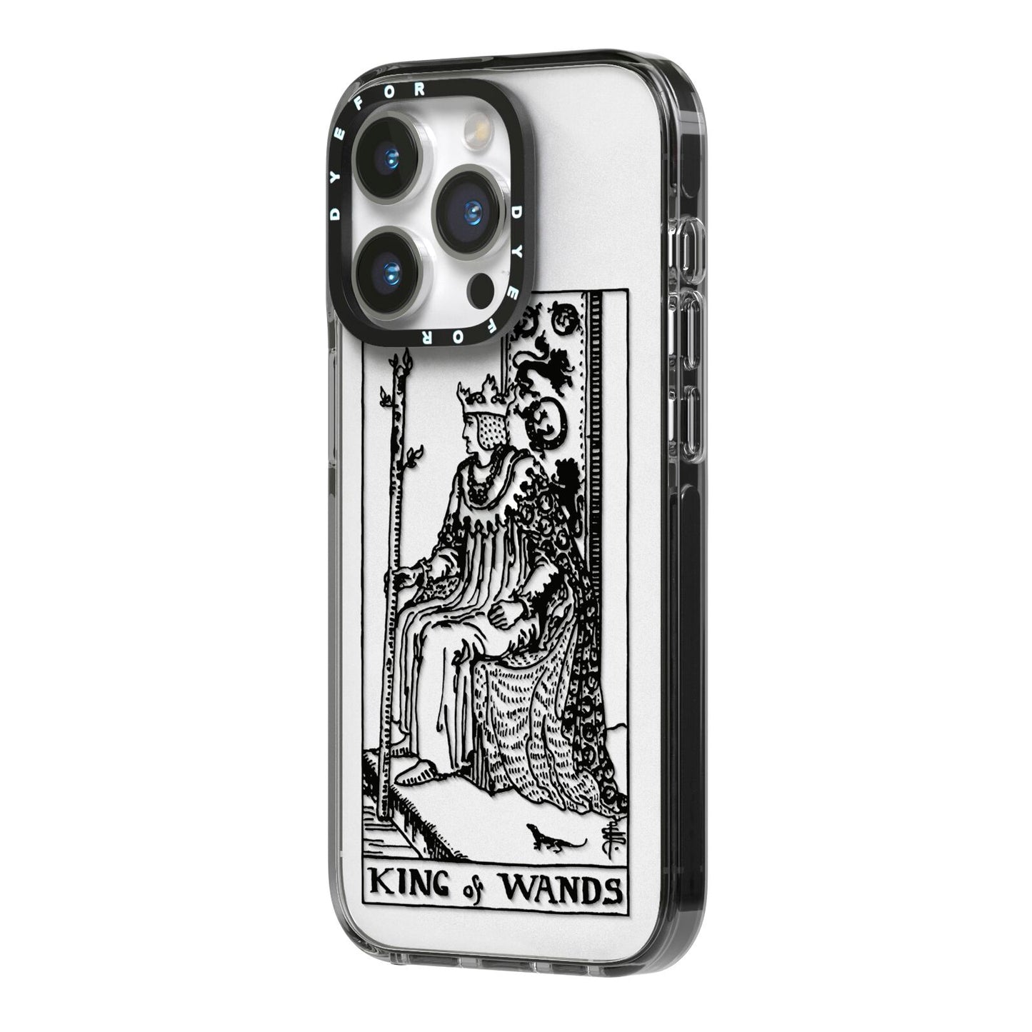 King of Wands Monochrome iPhone 14 Pro Black Impact Case Side Angle on Silver phone