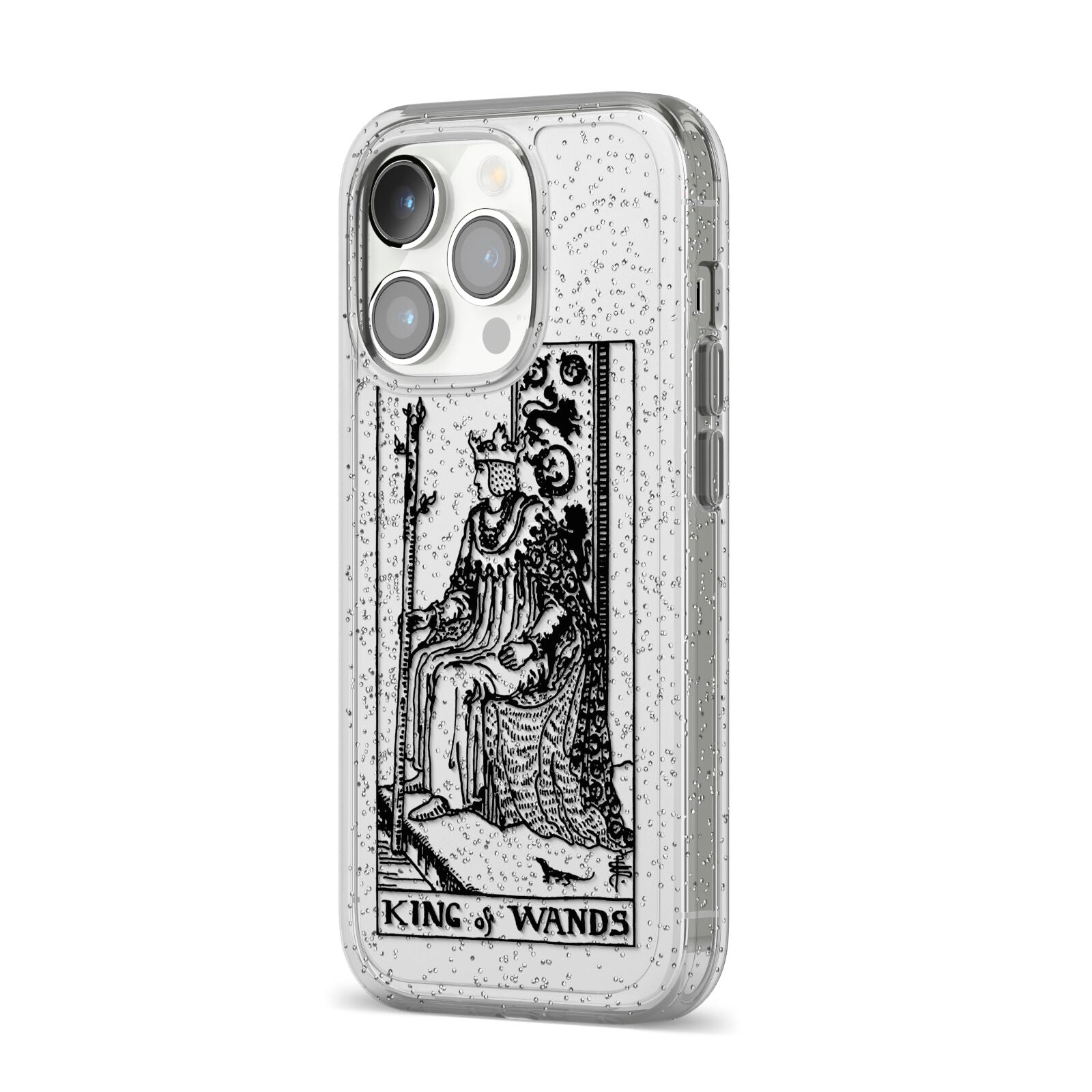King of Wands Monochrome iPhone 14 Pro Glitter Tough Case Silver Angled Image