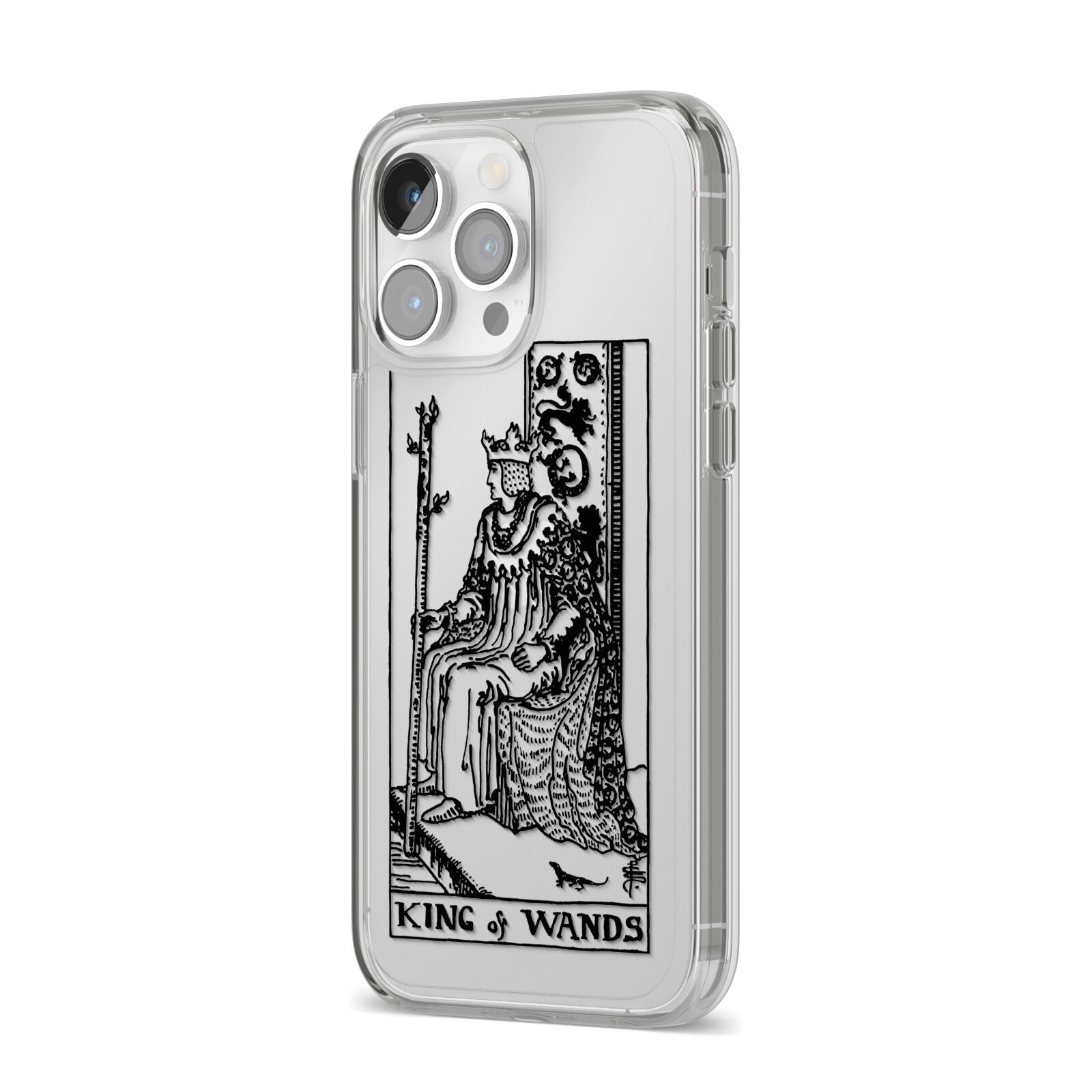 King of Wands Monochrome iPhone 14 Pro Max Clear Tough Case Silver Angled Image