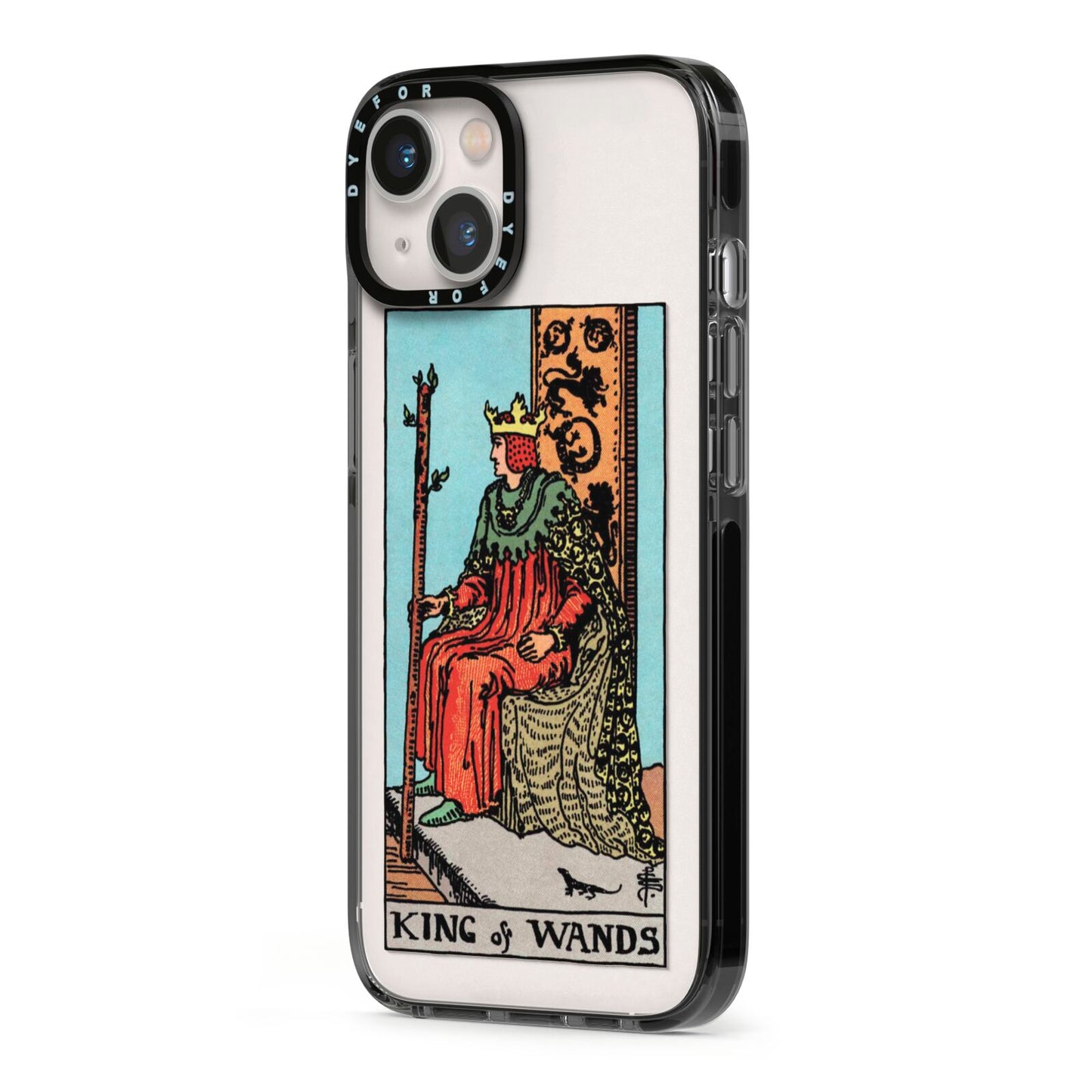 King of Wands Tarot Card iPhone 13 Black Impact Case Side Angle on Silver phone